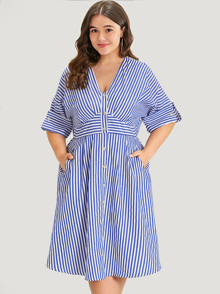 V Neck Striped Pocket Ruffle Hem Button Detail Dress