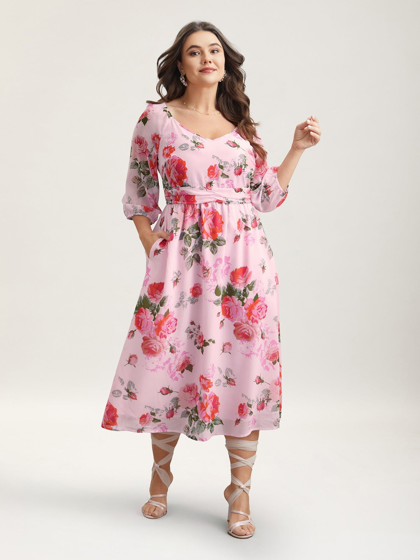 Rosy Print Pockets Pleated Midi Dress