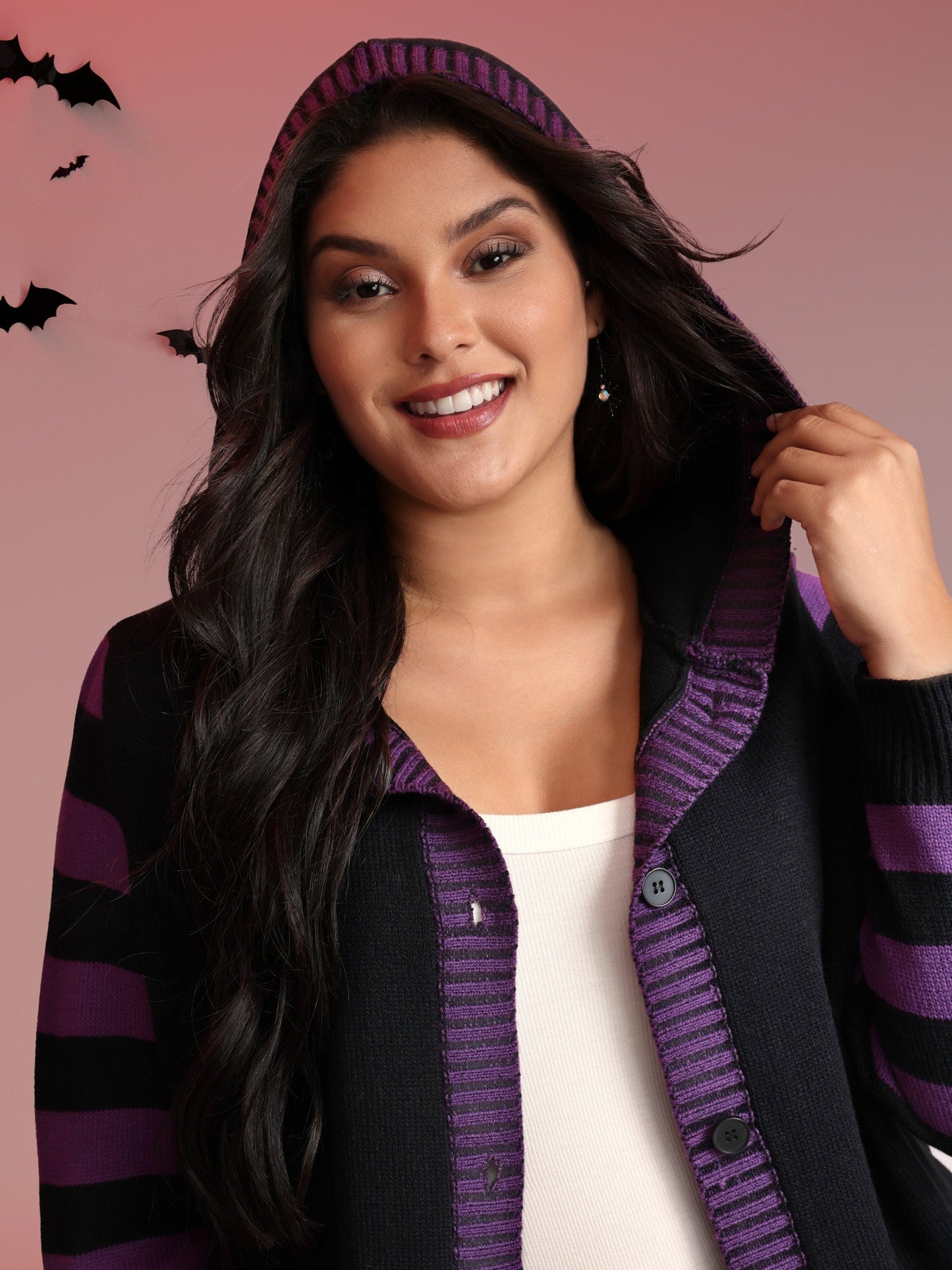 Stripes Sleeve Contrast Hooded Cardigan
