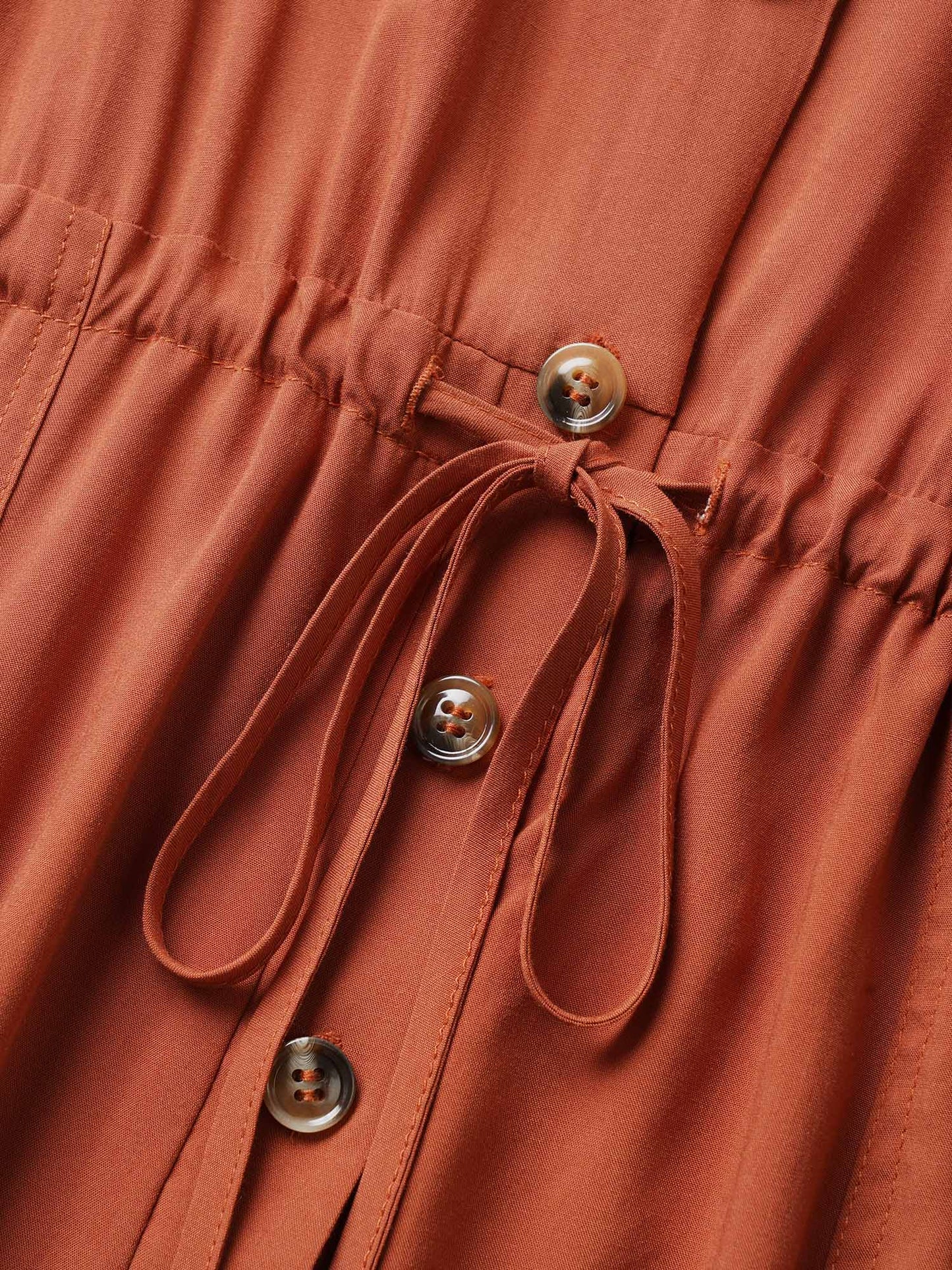 Plain Button Up Drawstring Gathered Pocket Jumpsuit