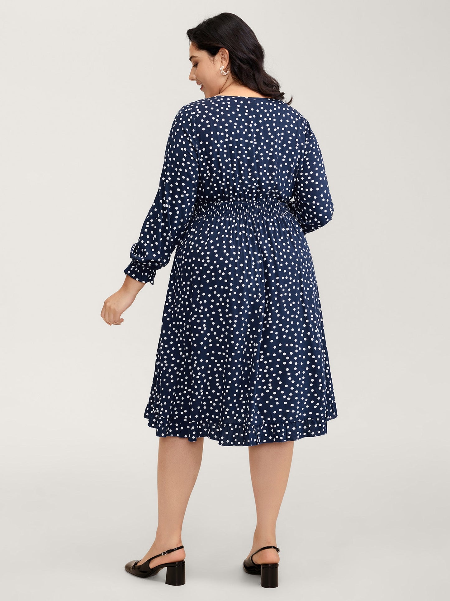 Polka Dots Shirred Drawstring Neck Midi Dress