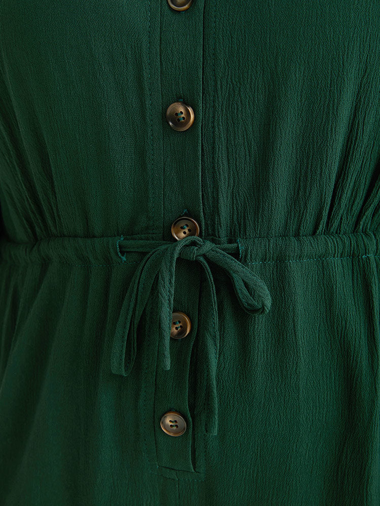 Plain Textured V Neck Pocket Button Through Drawstring Jumpsuit