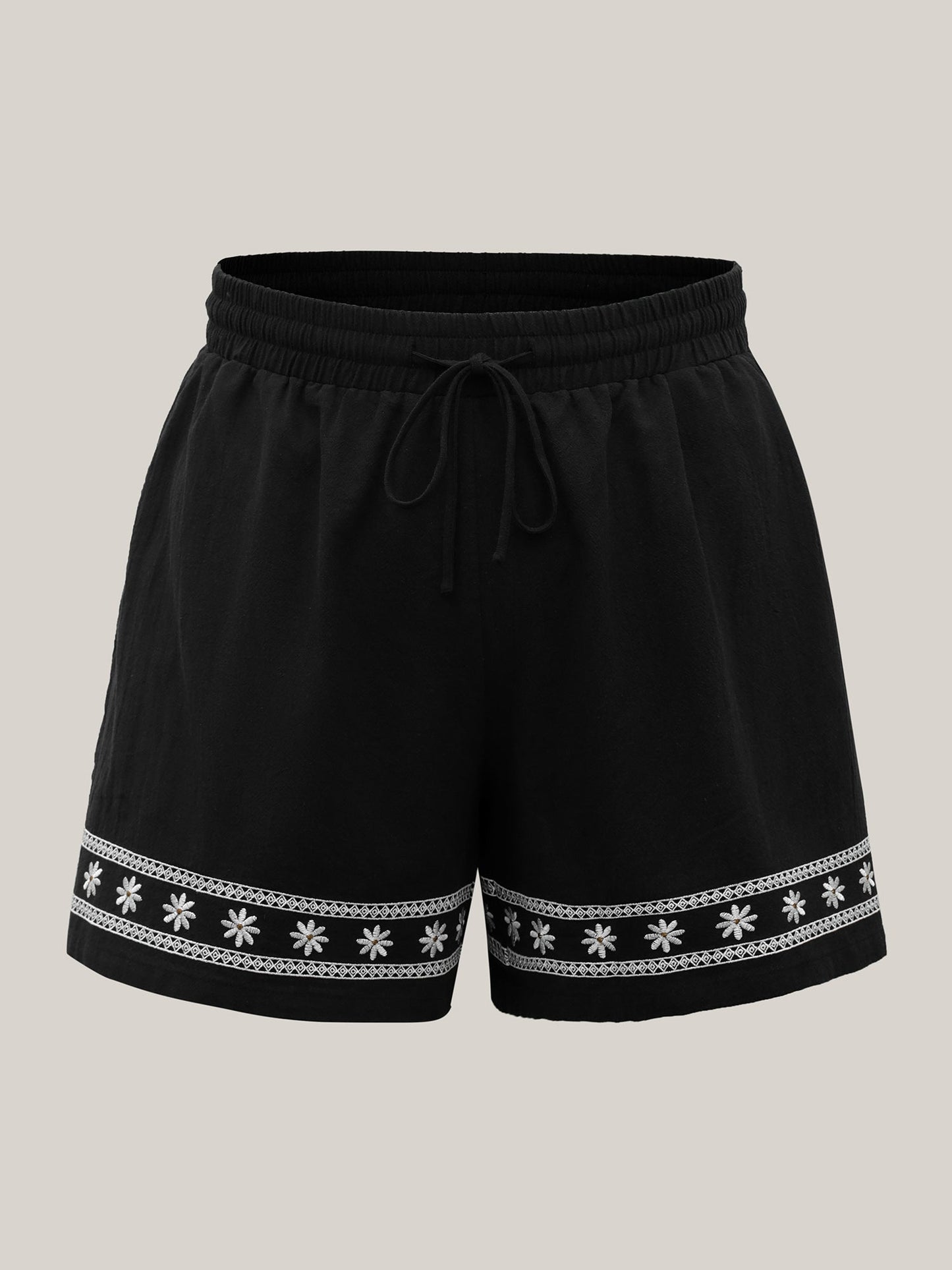 Cotton Embroidery Waist-Tie Straight-Fit Shorts