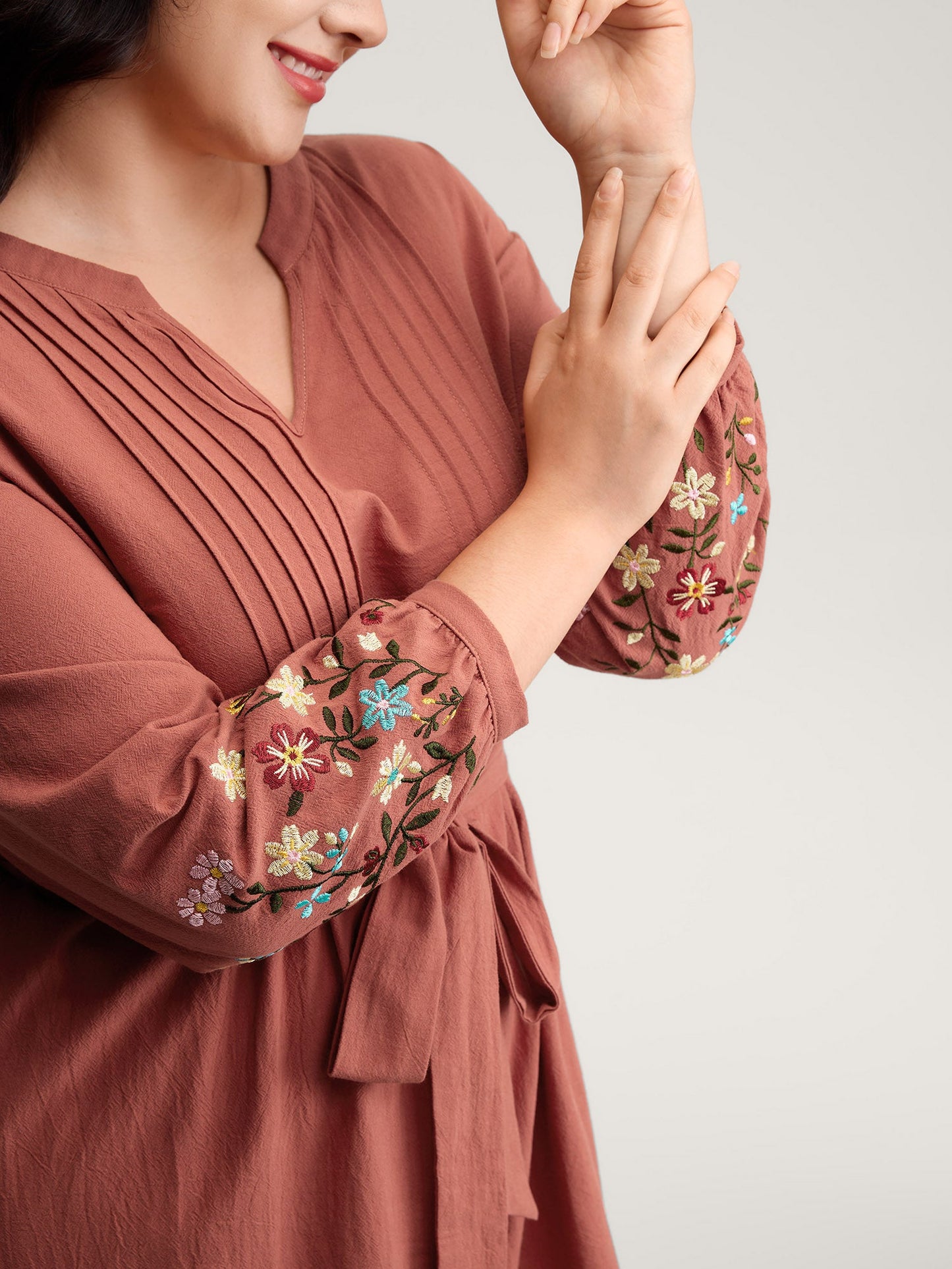 Cotton Embroidered Sleeve Waist-Tie Midi Dress