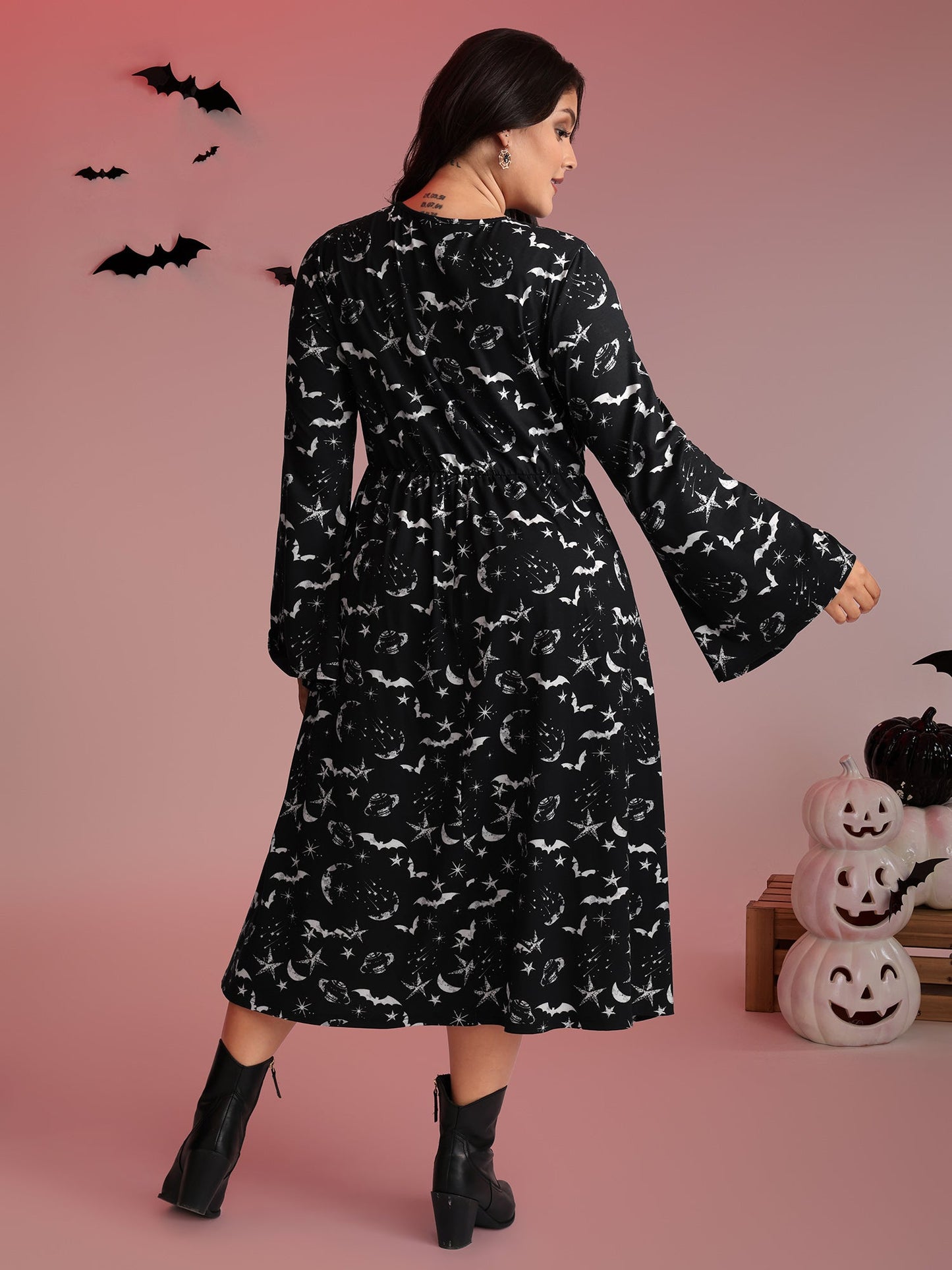 Celestial Halloween Print Sheer Pockets Maxi Dress