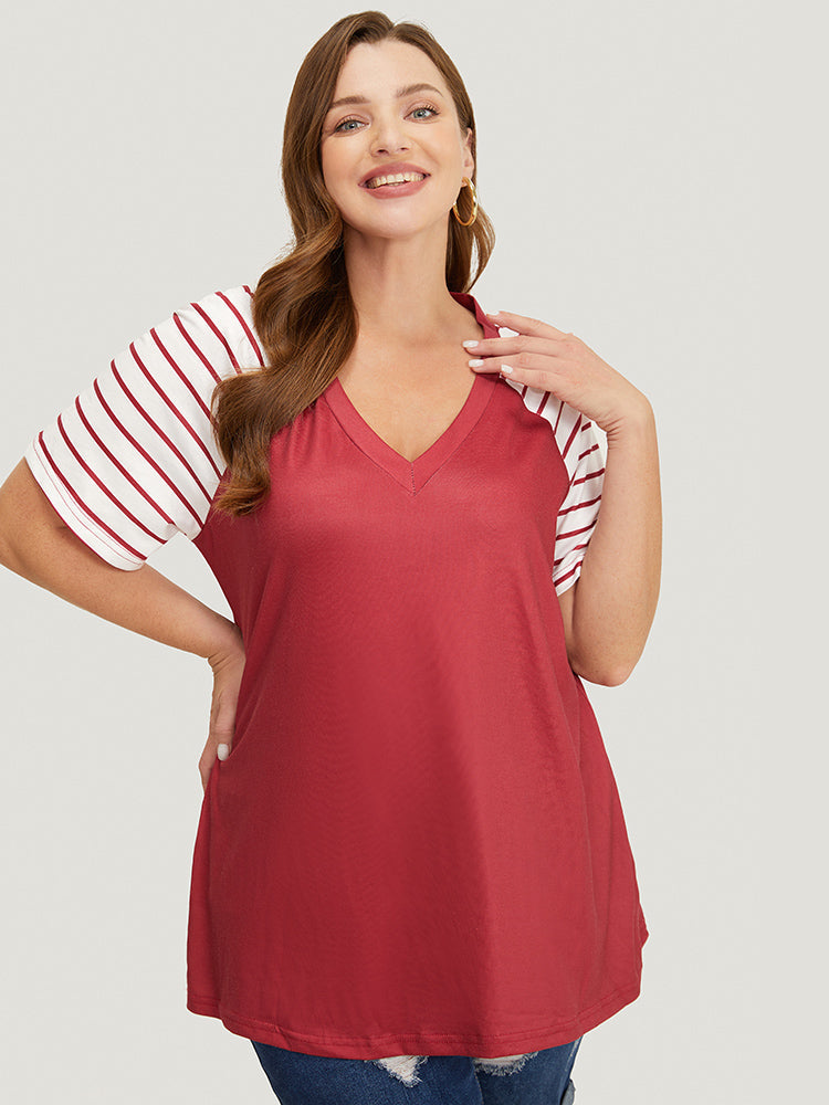 Striped Contrast Raglan Sleeve V Neck T-shirt