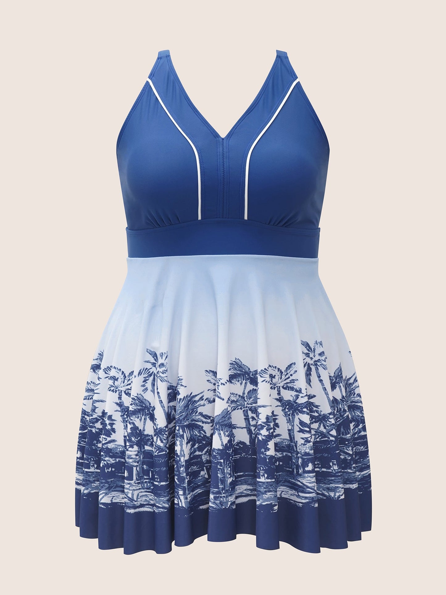 V Neck Tropical Print Contrast Swim Dress