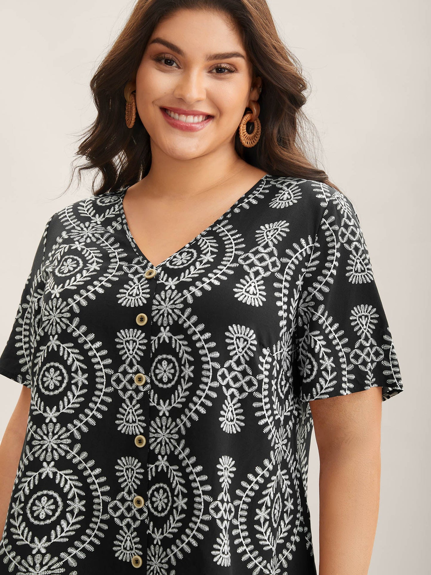 Boho Print Button Placket Blouse