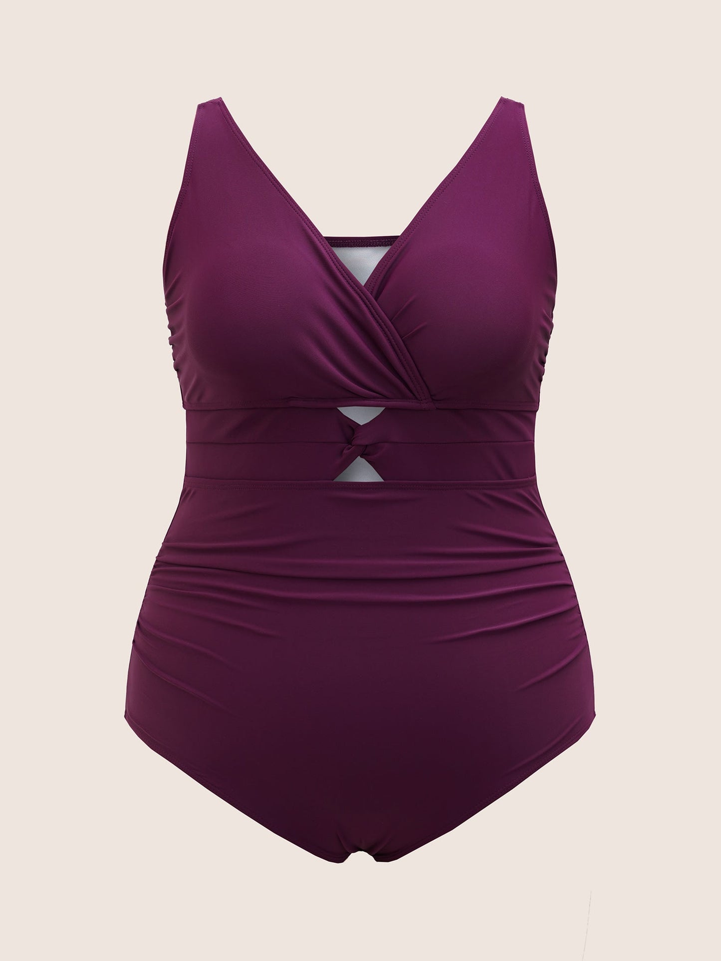 Overlap Collar Solid Twist Front One Piece Swimsuit