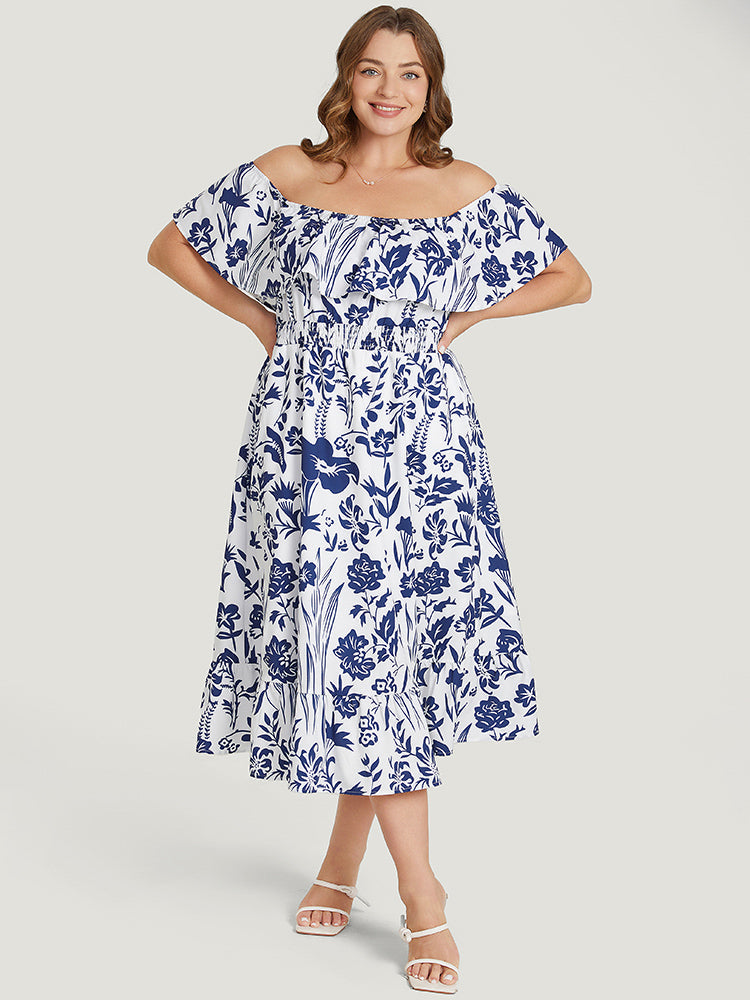 Floral Ruffle Trim Square Neck Shirred Pocket Dress