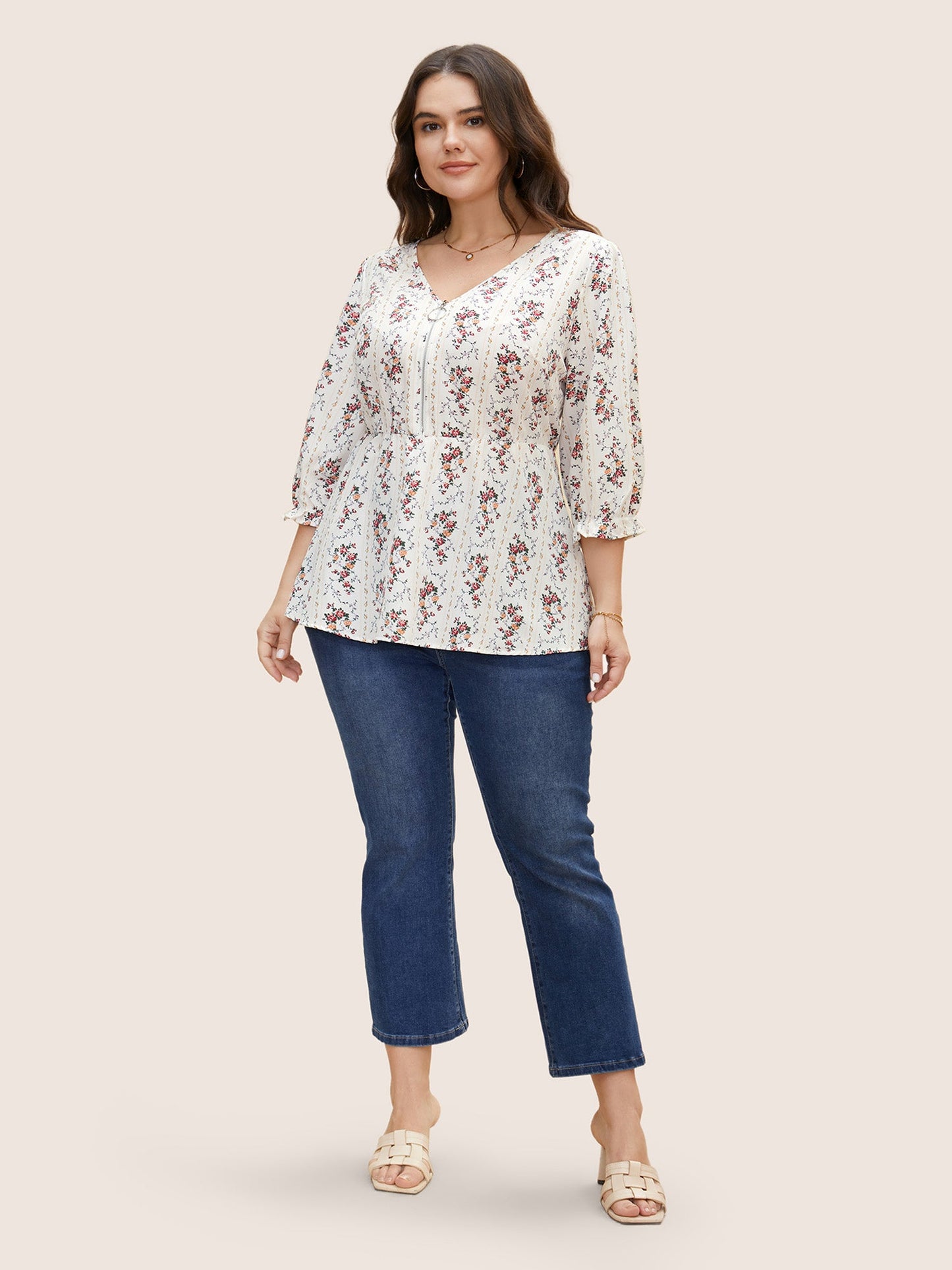 Boho Print O Ring Zipper Lantern Sleeve Blouse