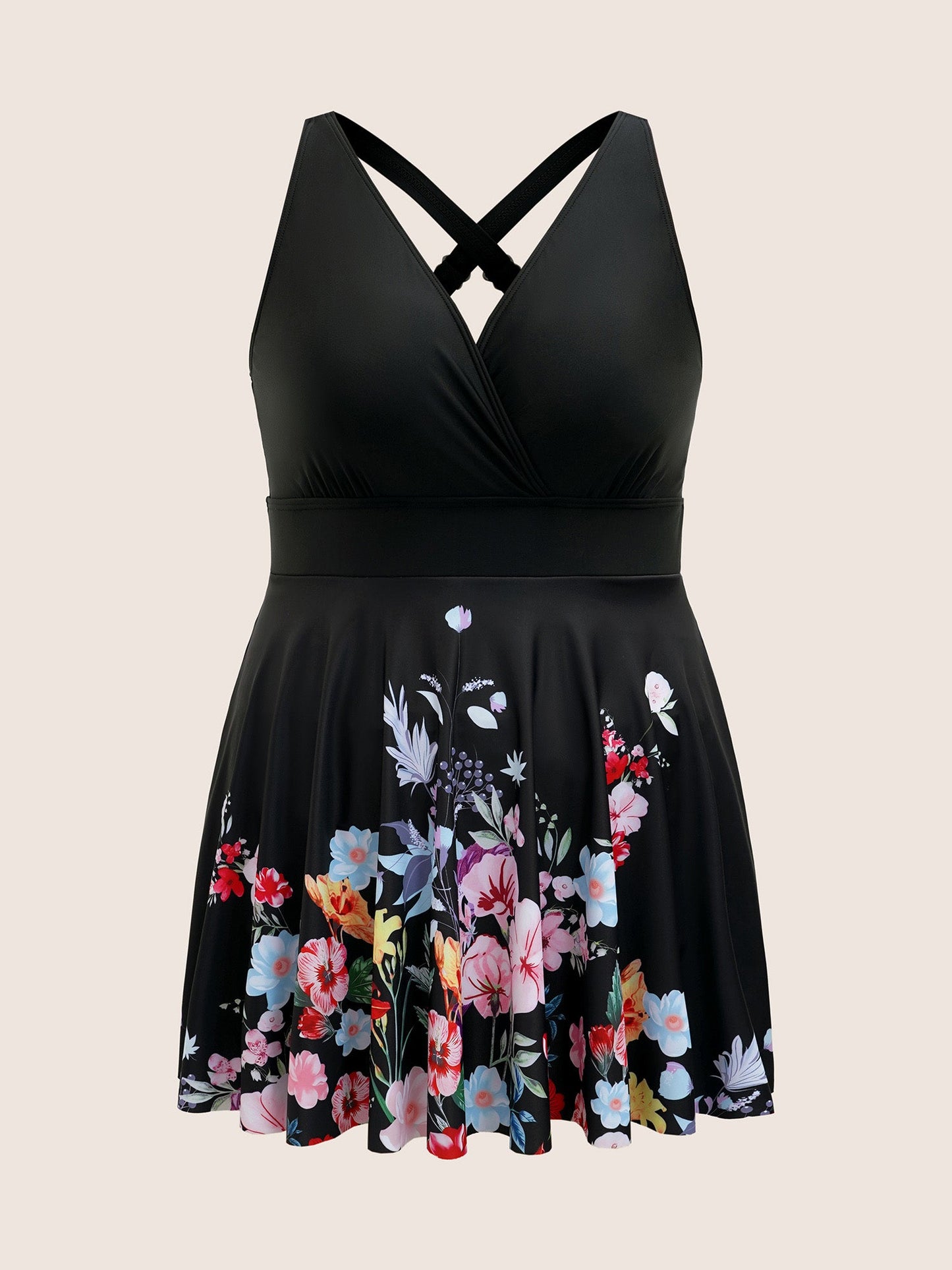 Overlap Collar Natural Flowers Gathered Swim Dress