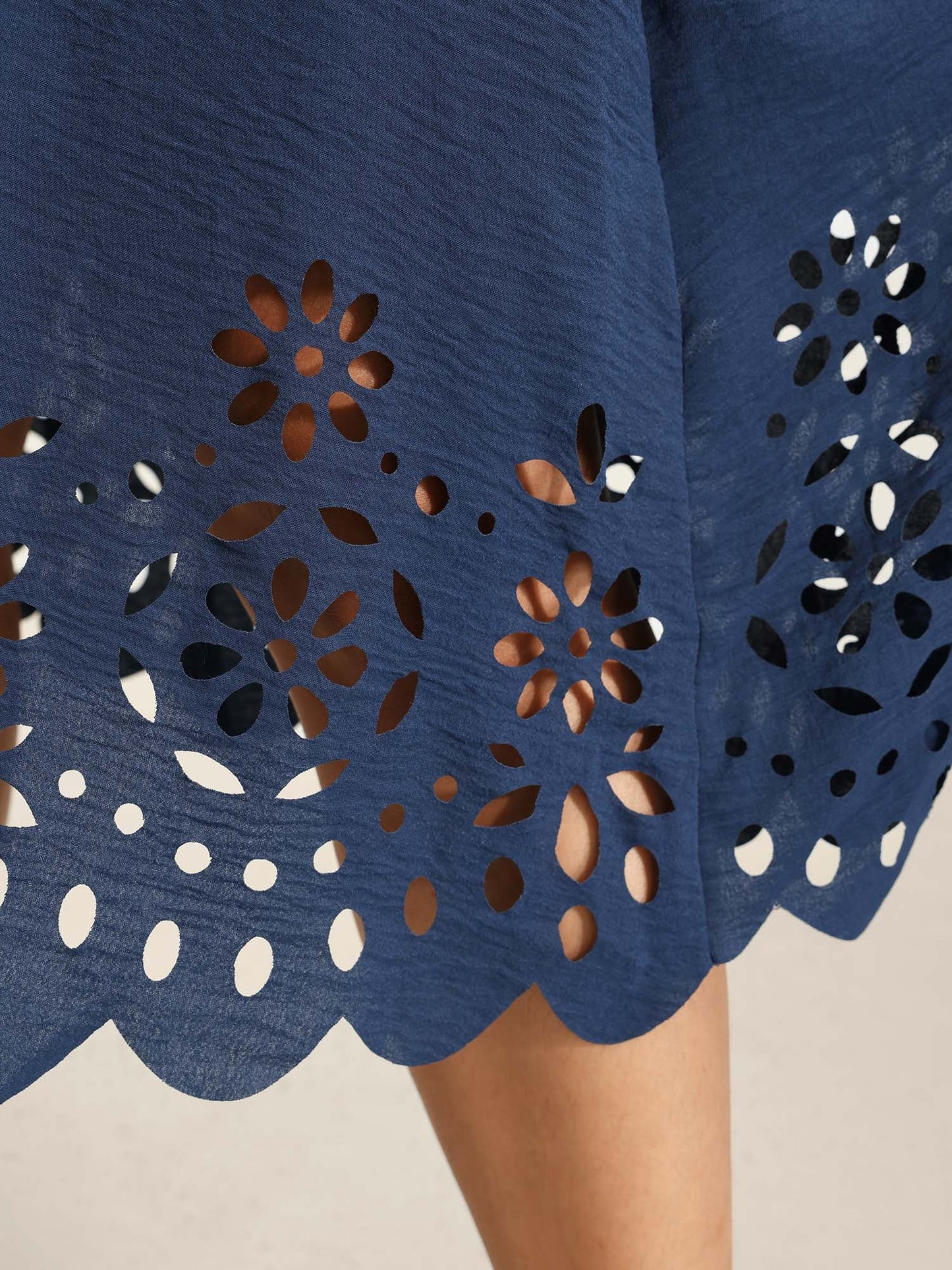 Laser Cut Scalloped Hem Waist-Tie Midi Dress