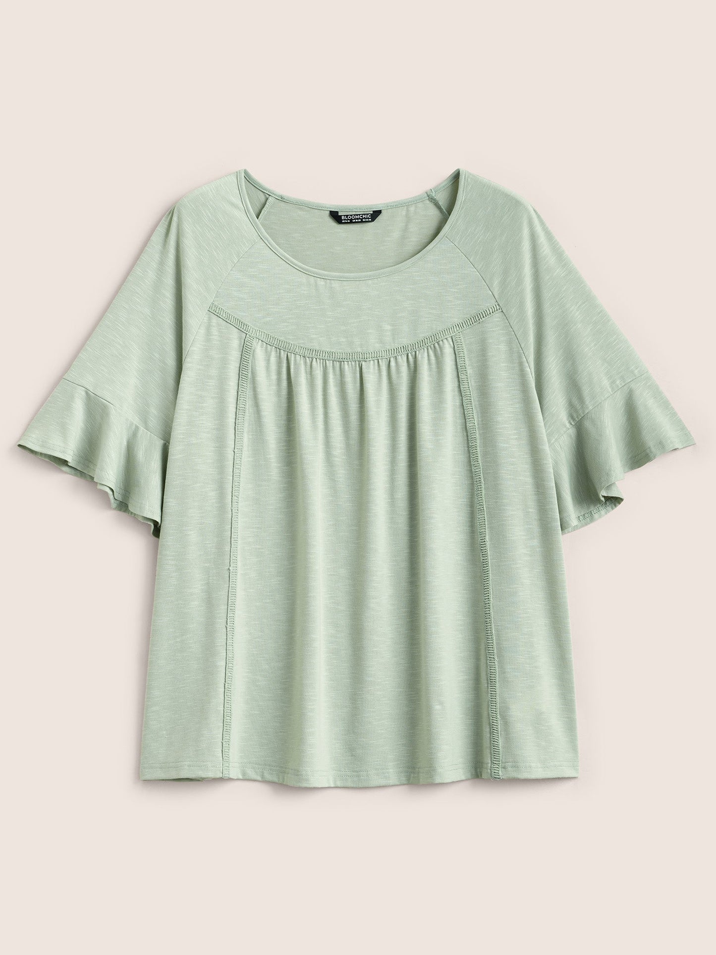 Round Neck Plain Gathered Ruffles T-shirt