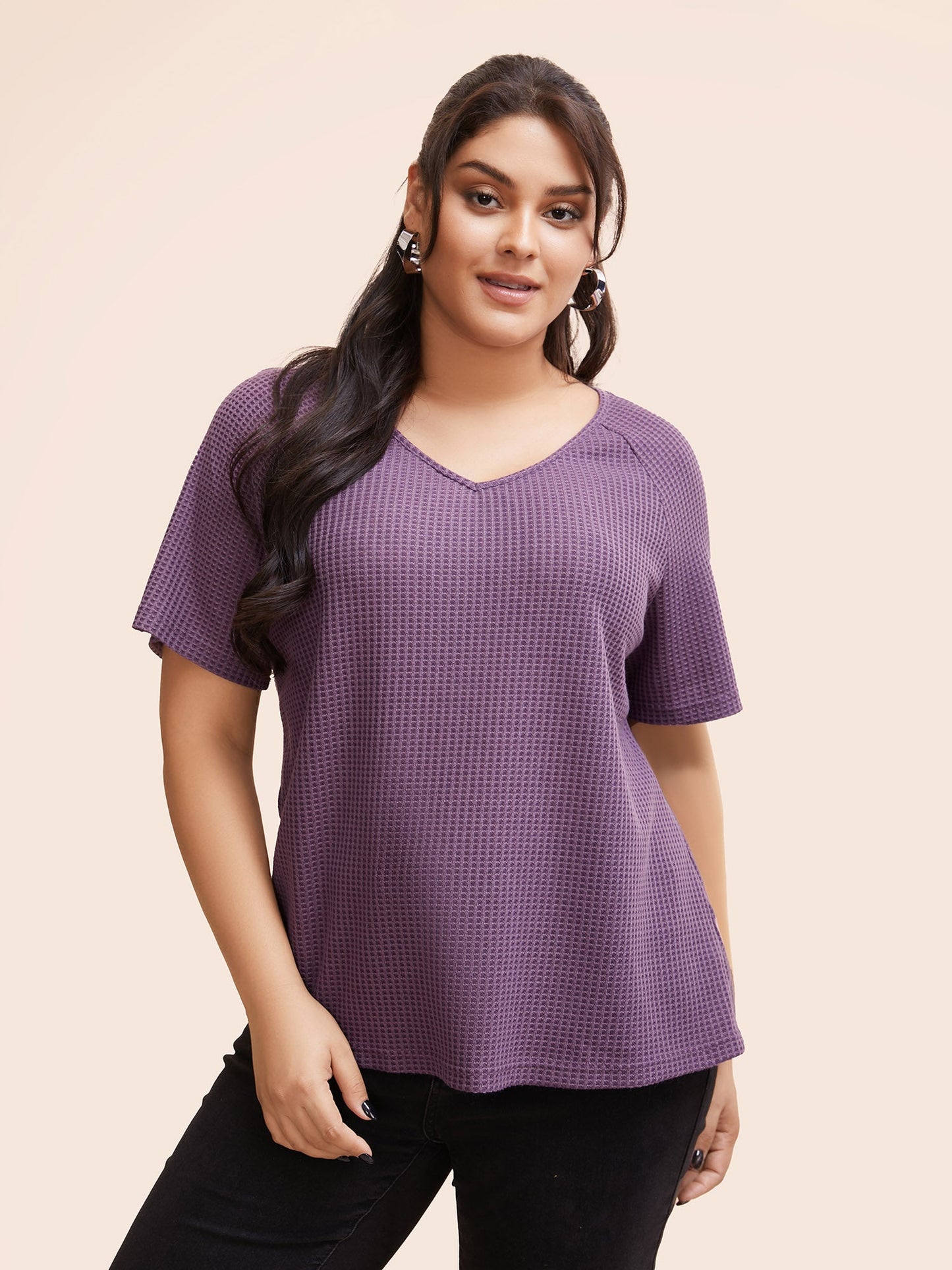 Waffle Knit Lace Patchwork Raglan Sleeve T-shirt