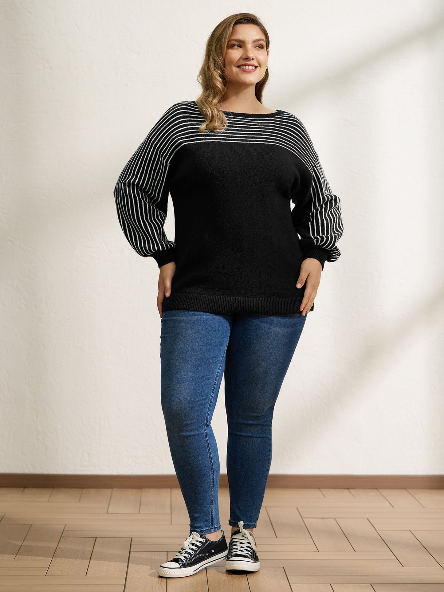 Stripe Boat Neck Balloon Sleeve Pullover
