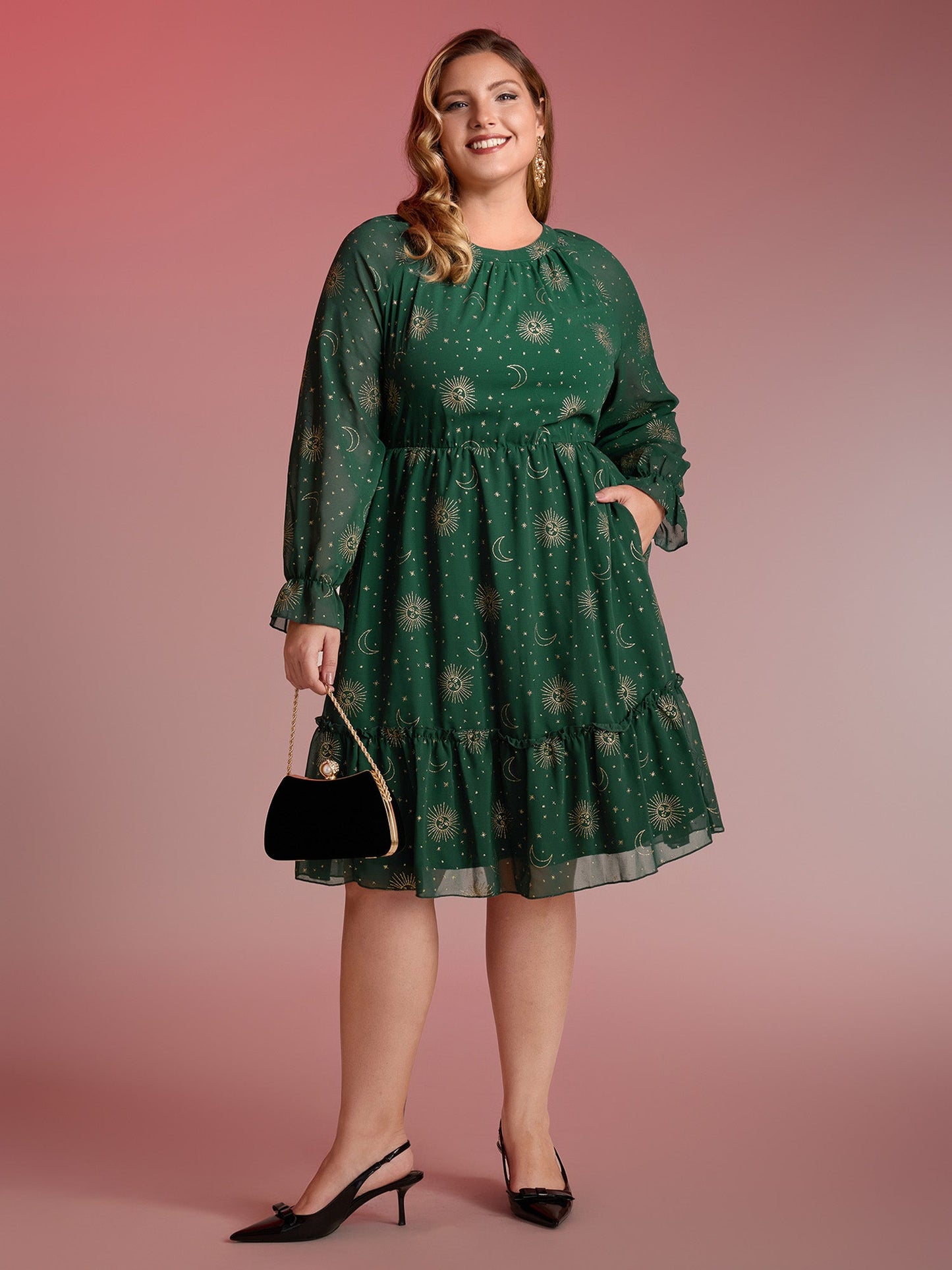 Chiffon Gold Celestial Print Tiered Midi Dress