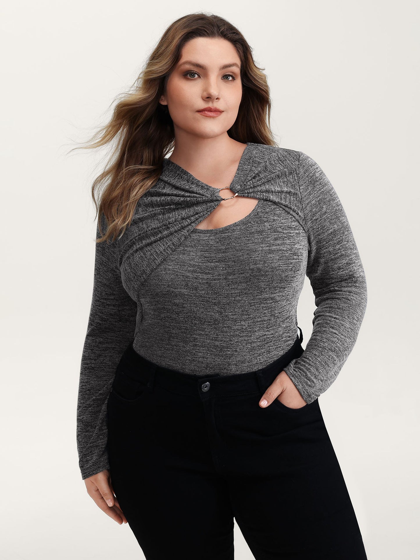 Heather Metal Detail Ruched T-Shirt