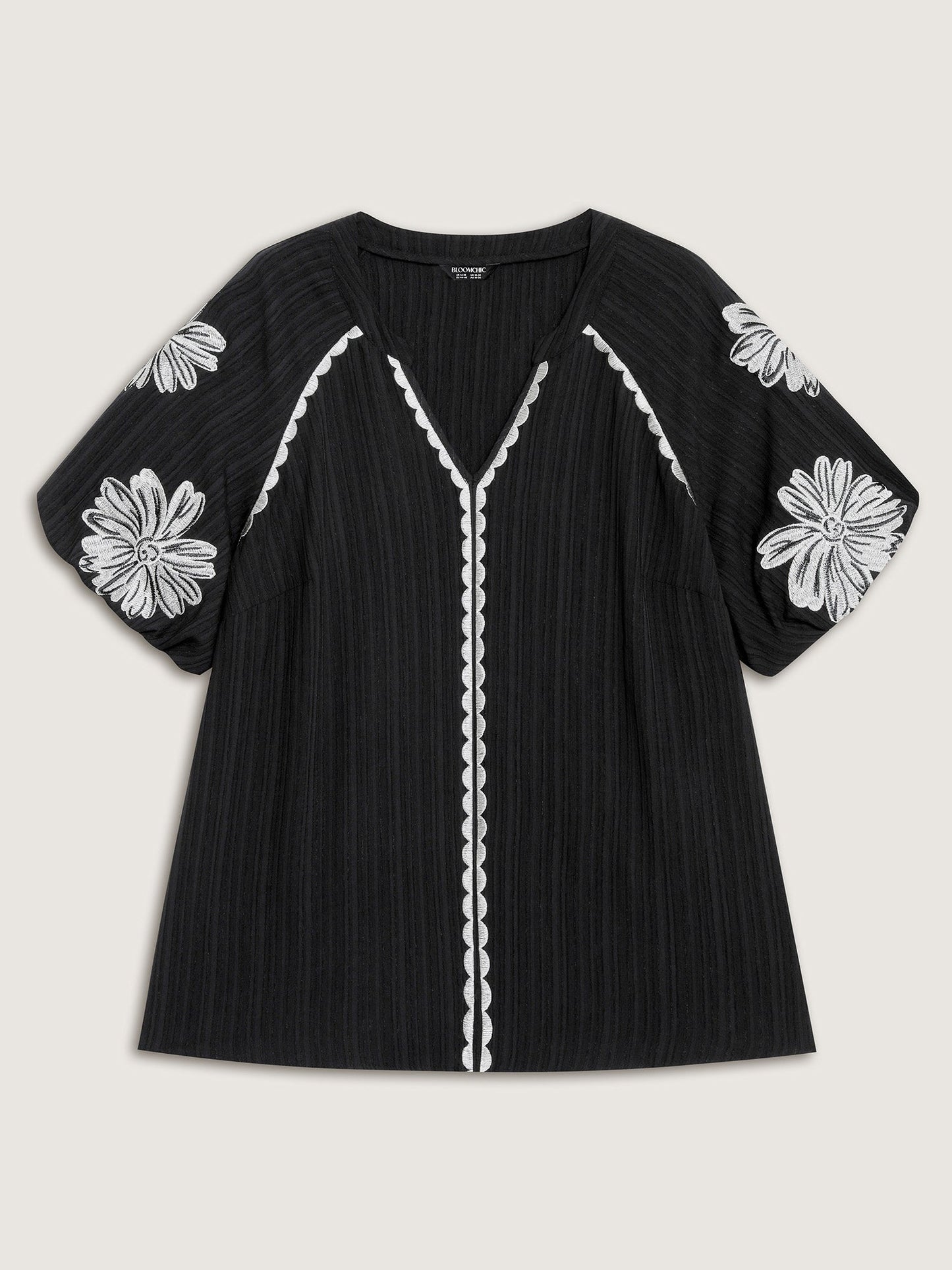 Textured Floral Embroidered Notched Collar Blouse