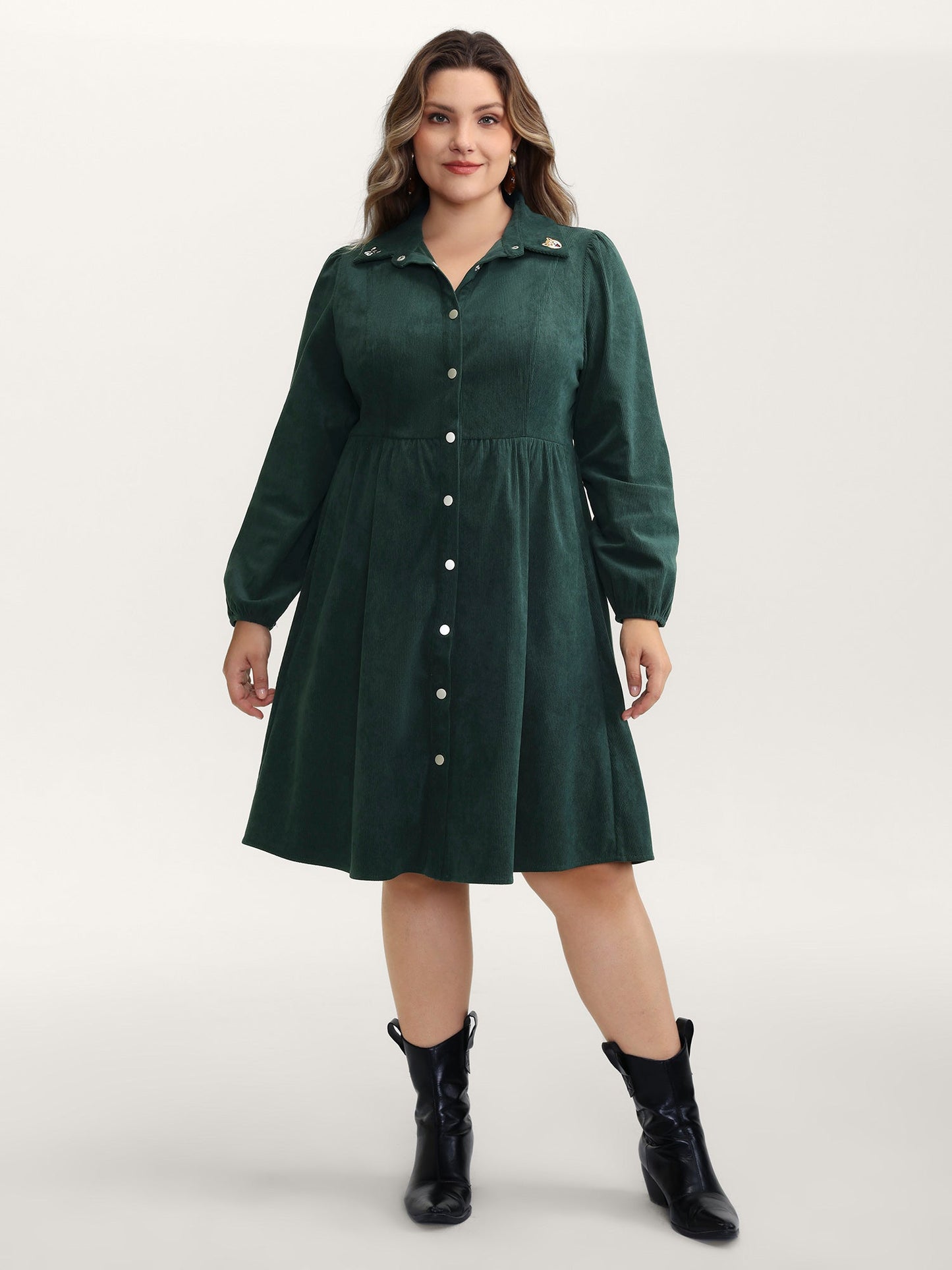 Corduroy Embroidered Midi Shirt Dress