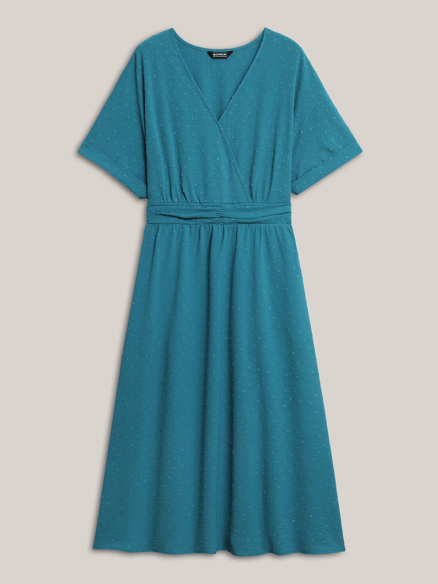 Textured Stretchy Pleated Waist Midi Dress