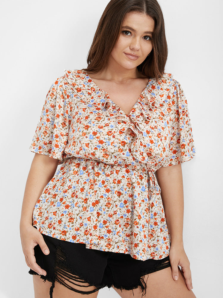Ditsy Floral V Neck Ruffle Tie Front Blouse