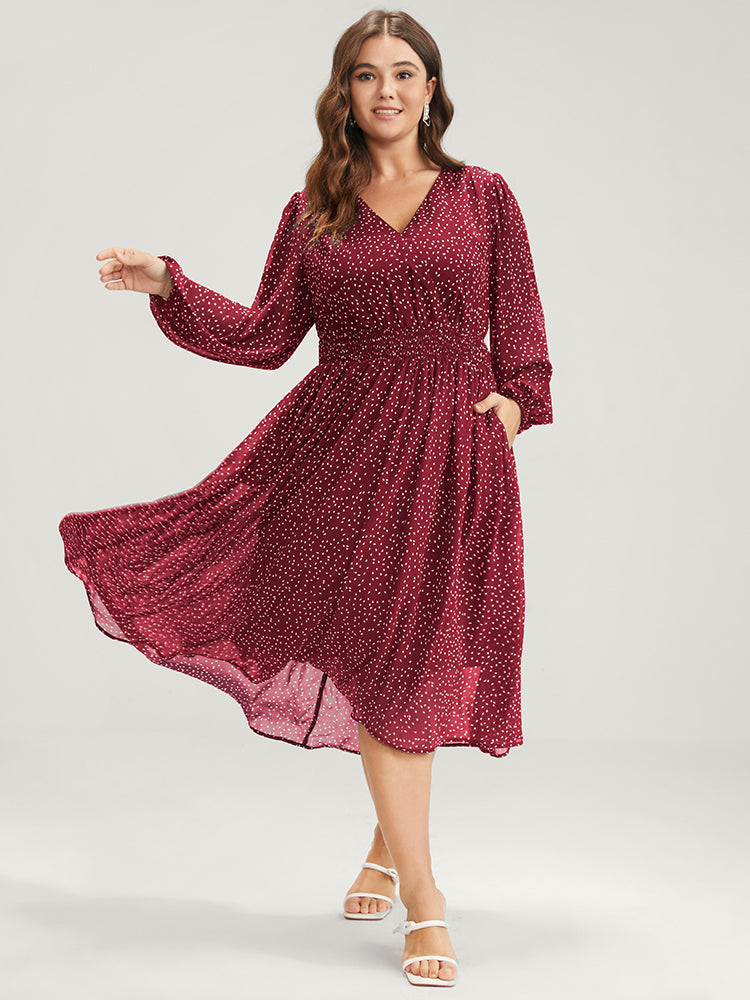 Polka Dot Lantern Sleeve Pocket Shirred Flutter Dress