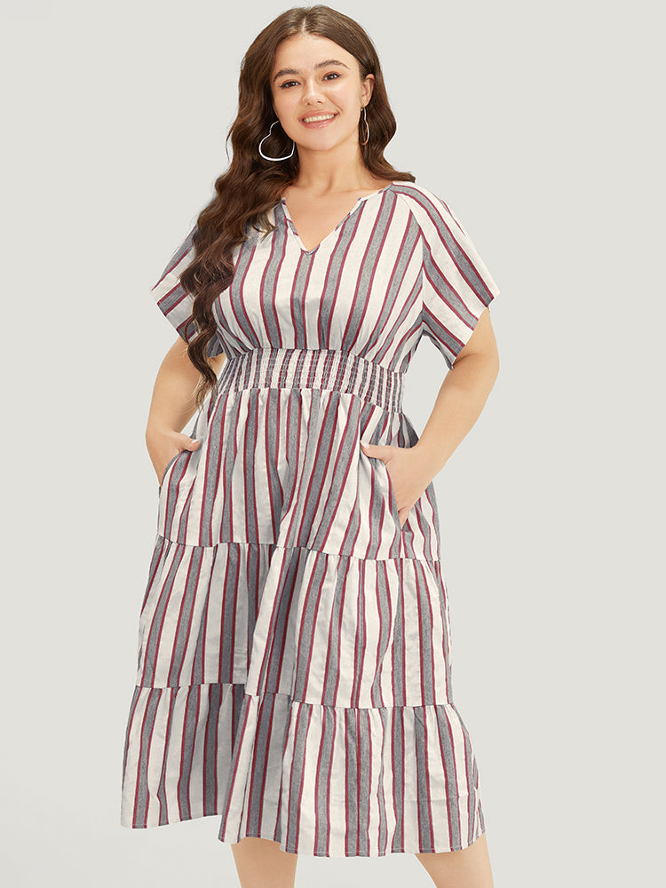Striped Contrast Pocket Shirred Flutter Tiered Dress