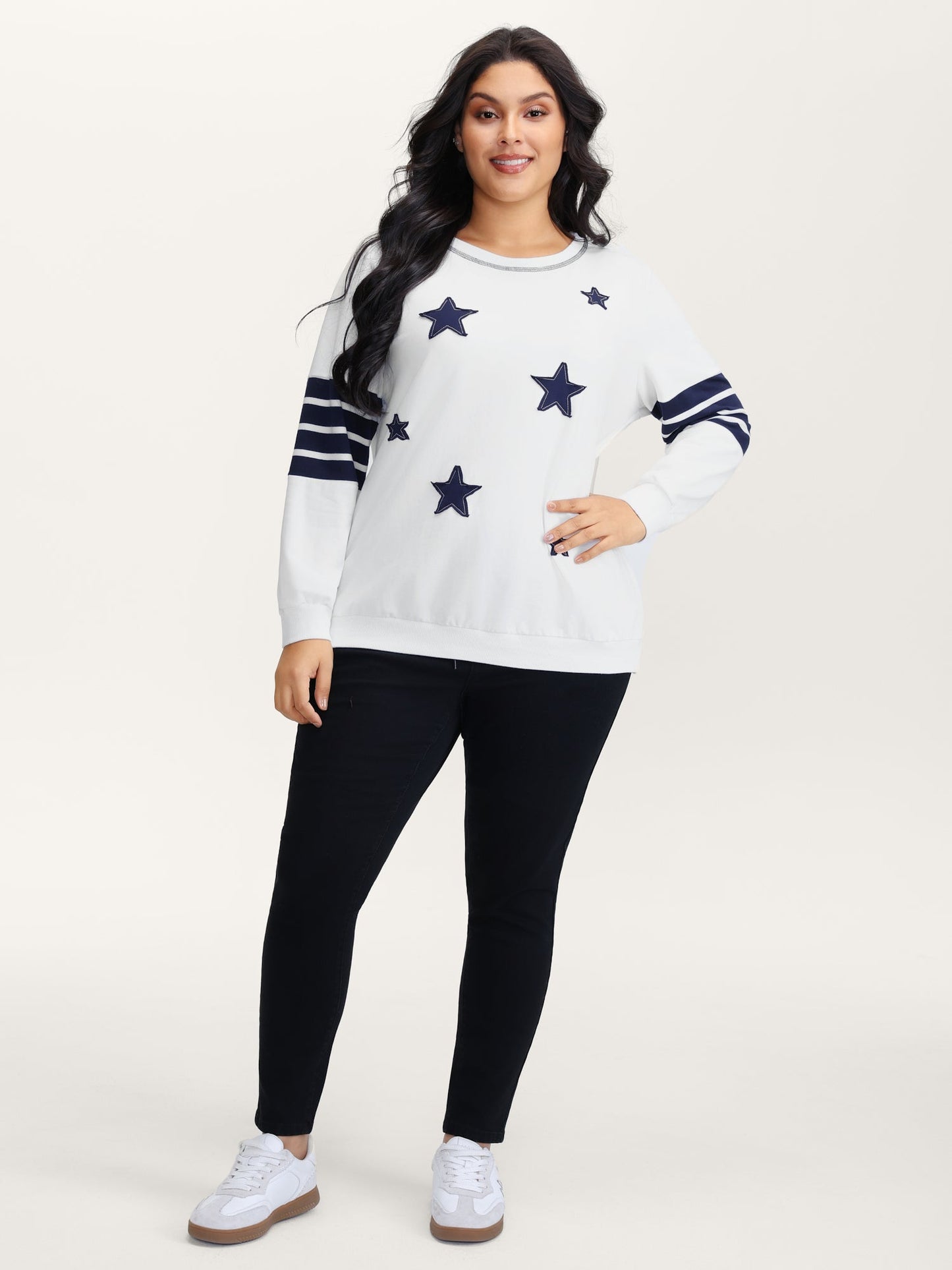 Star-Stripes Applique Stretchy Hem Sweatshirt
