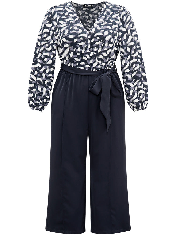 Brush Print Patchwork Wrap Belted Jumpsuit