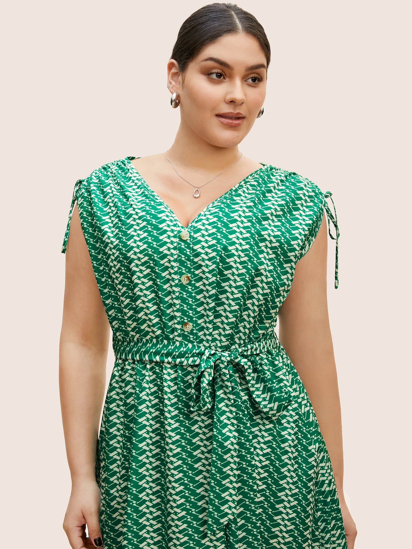 Geometric Drawstring Cap Sleeve Midi Dress