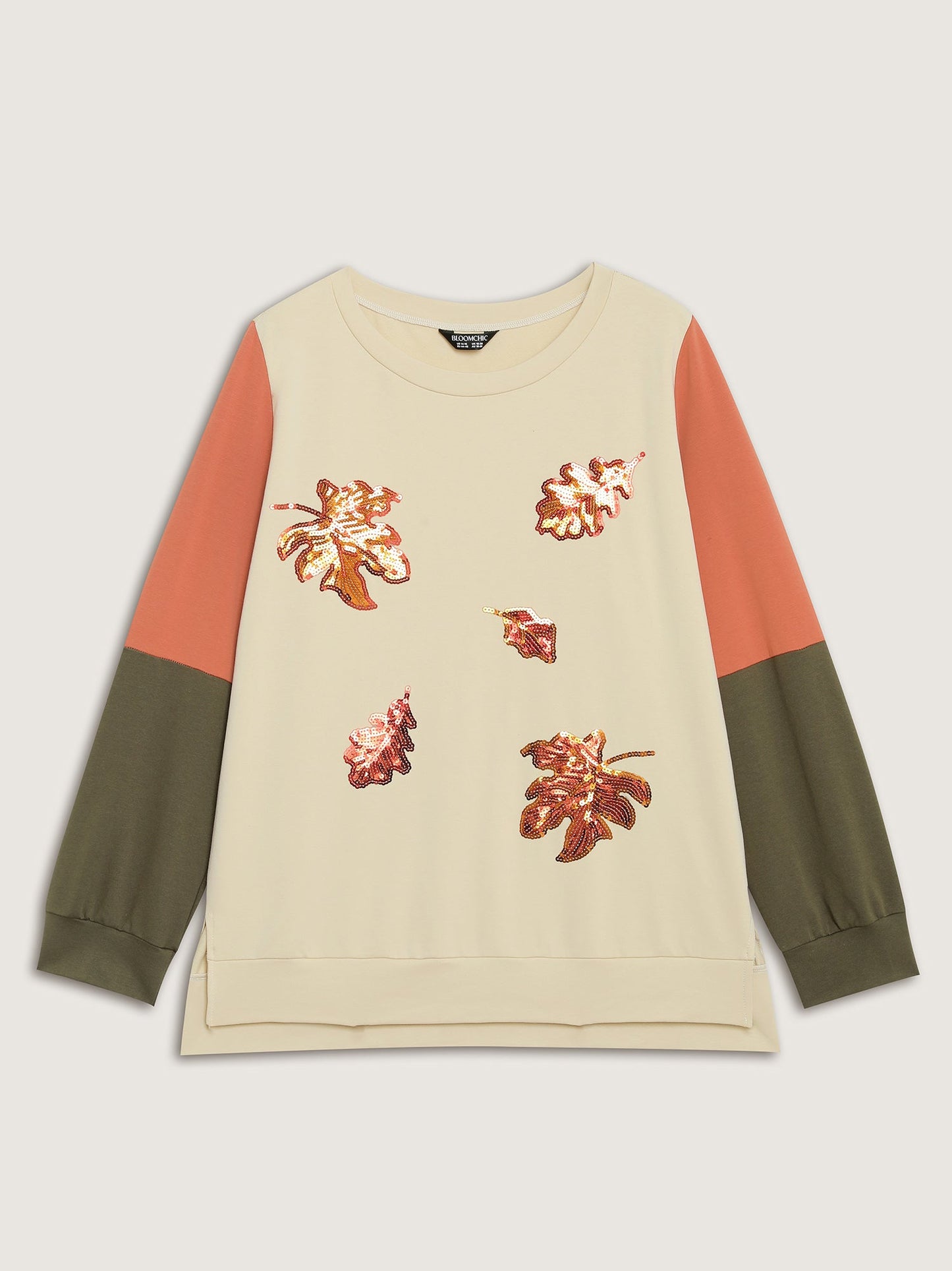 Crisp Leaf Print Sequin Embroidery Sweatshirt