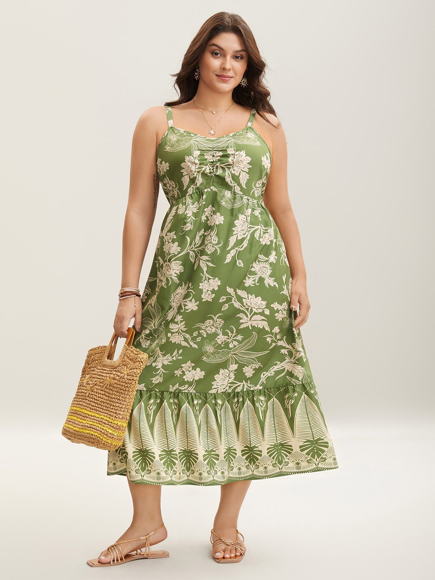 Tropical Print Tied Front Pockets Midi Dress