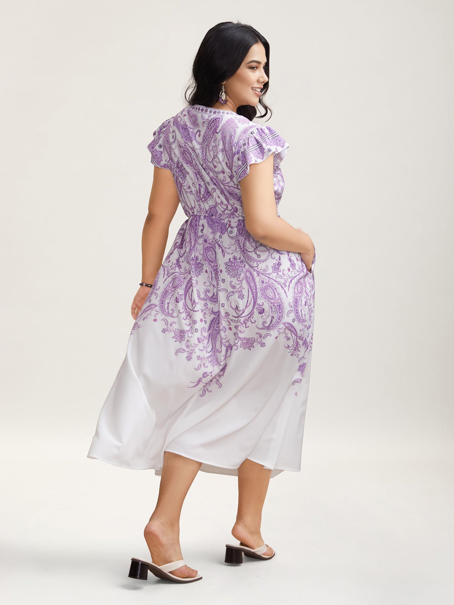 Paisley Print Notched Collar Ruffled Midi Dress