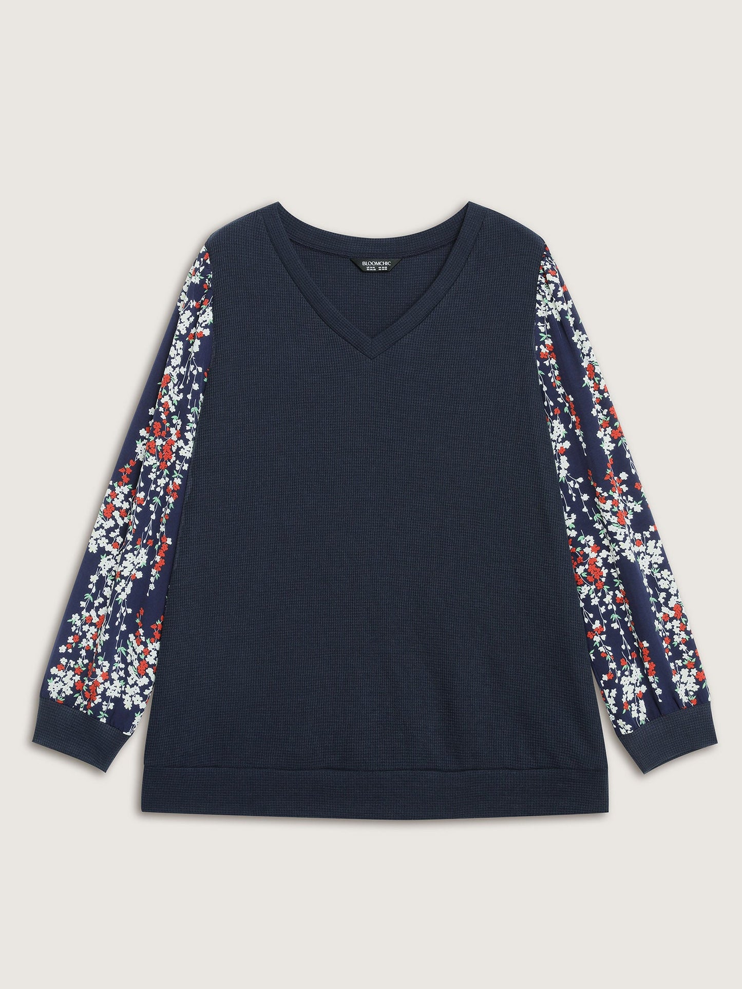 Textured Floral Sleeve V-Neck Sweatshirt