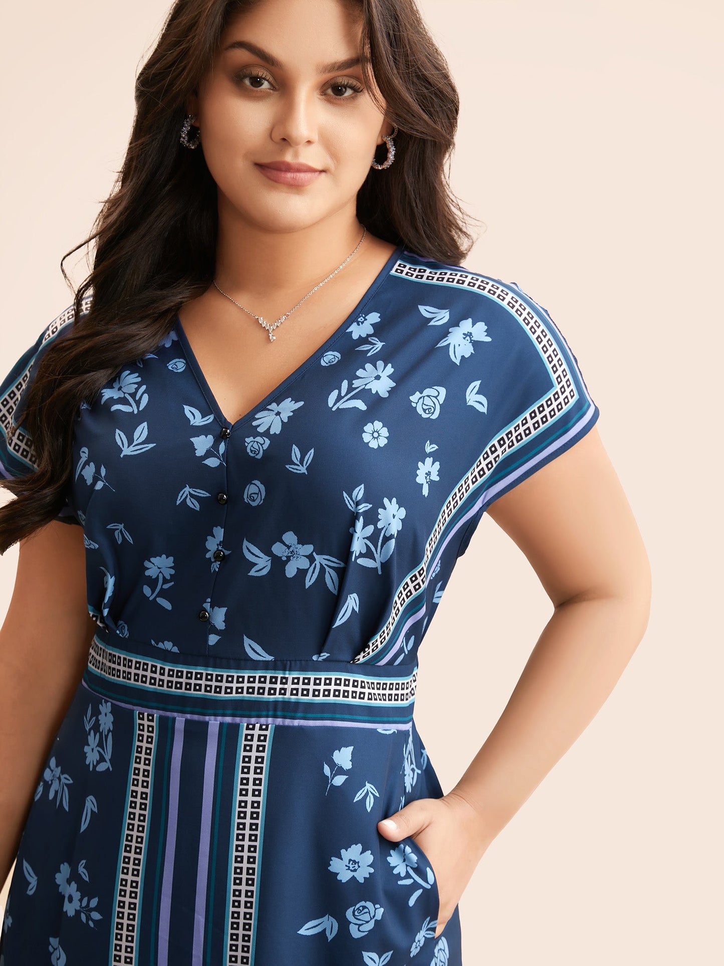Boho Print Shirred Dolman Sleeve Dress