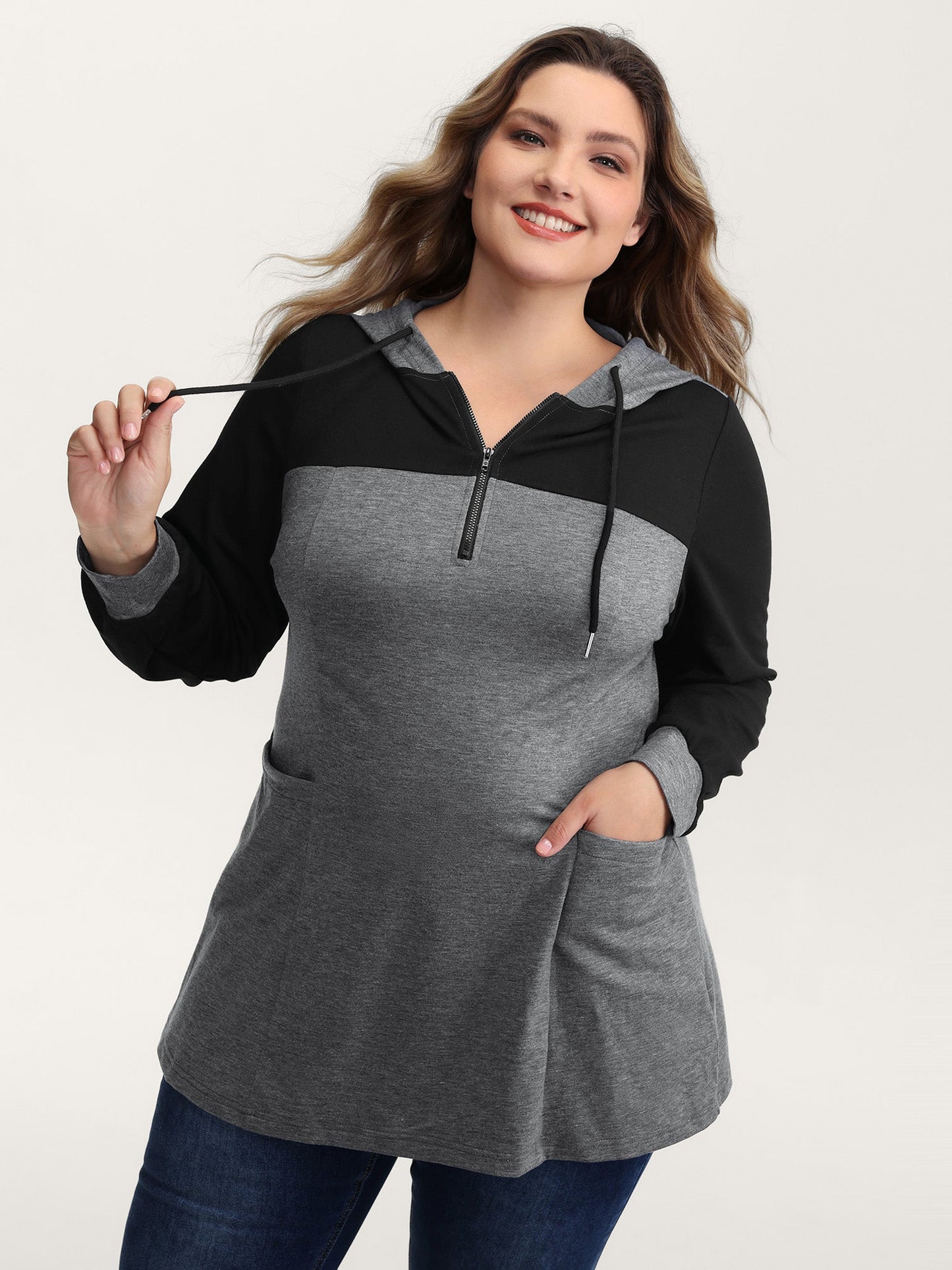 Heather Stretchy Colorblock Long Hoodie