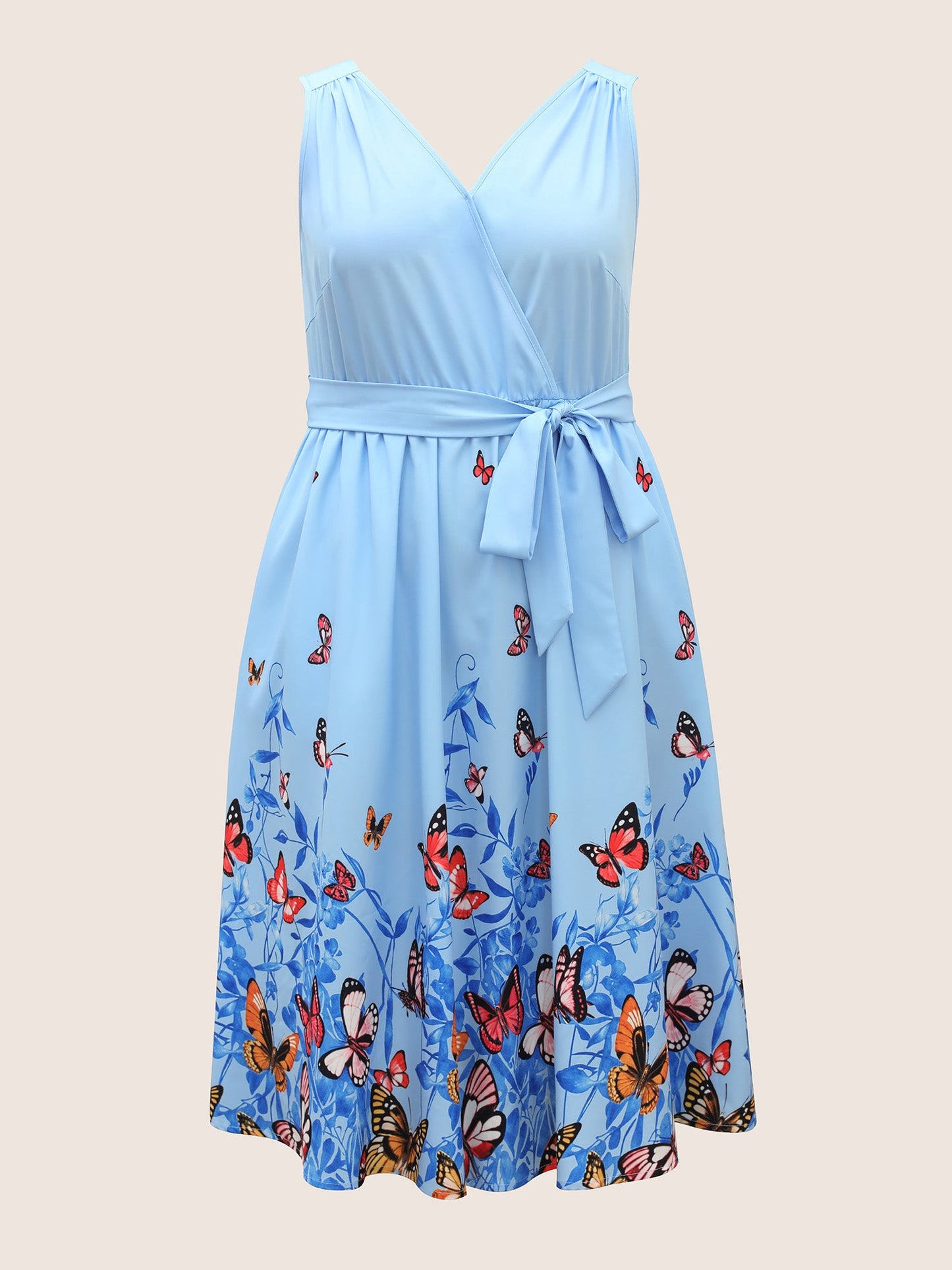 Butterfly Print Wrap Gathered Tank Dress