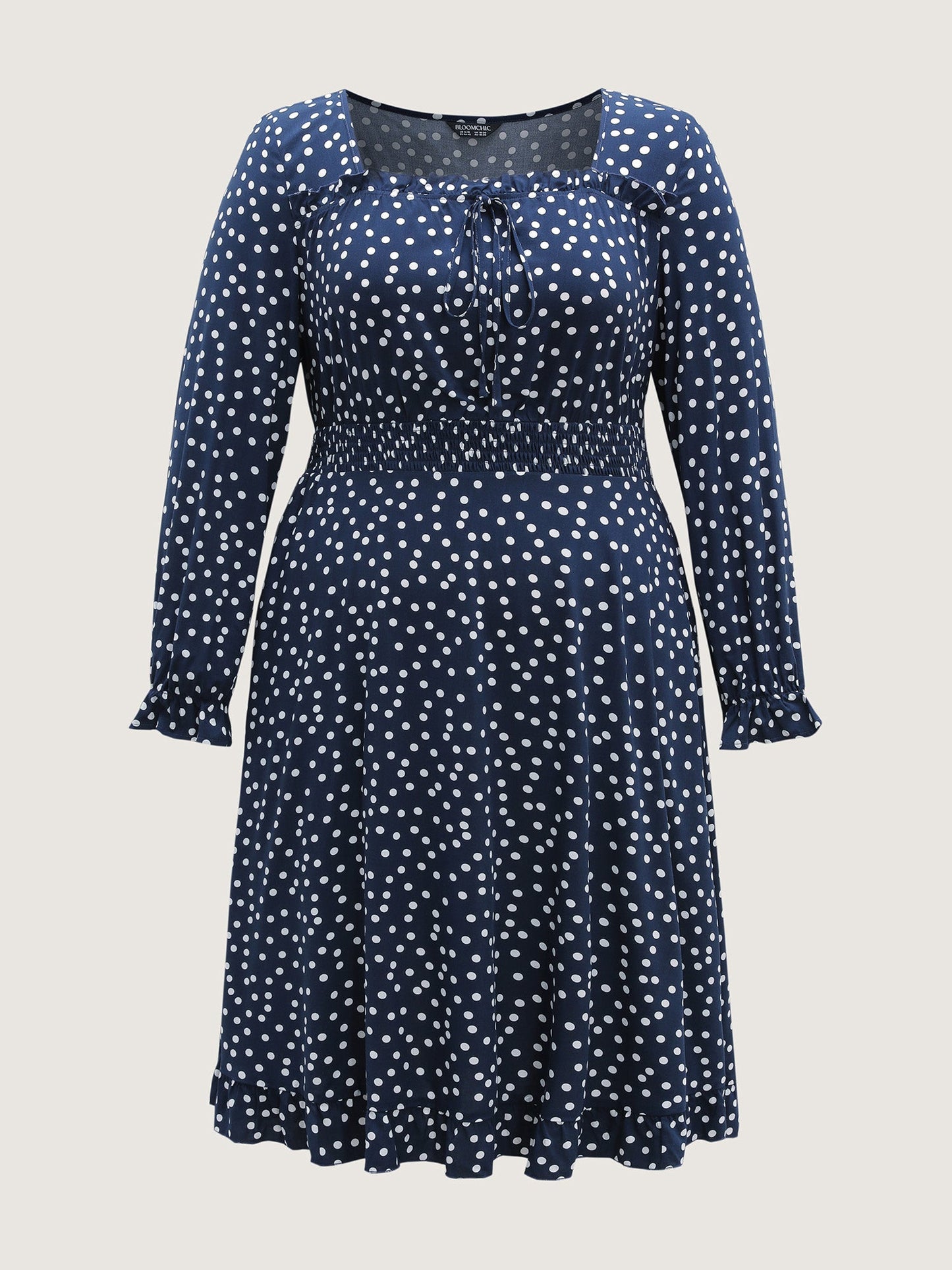 Polka Dots Shirred Drawstring Neck Midi Dress