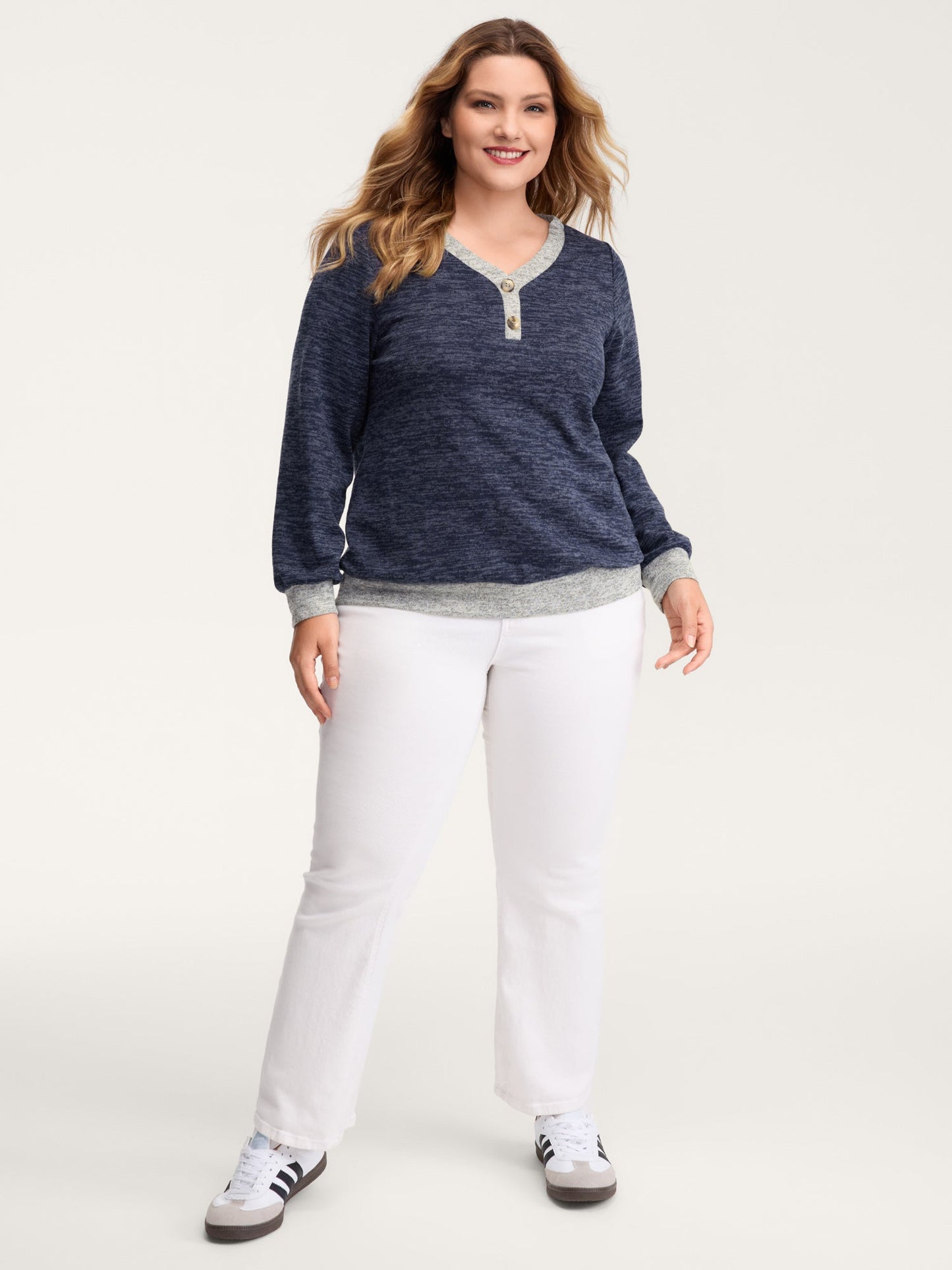 Color Contrast V-Neck Button Sweatshirt