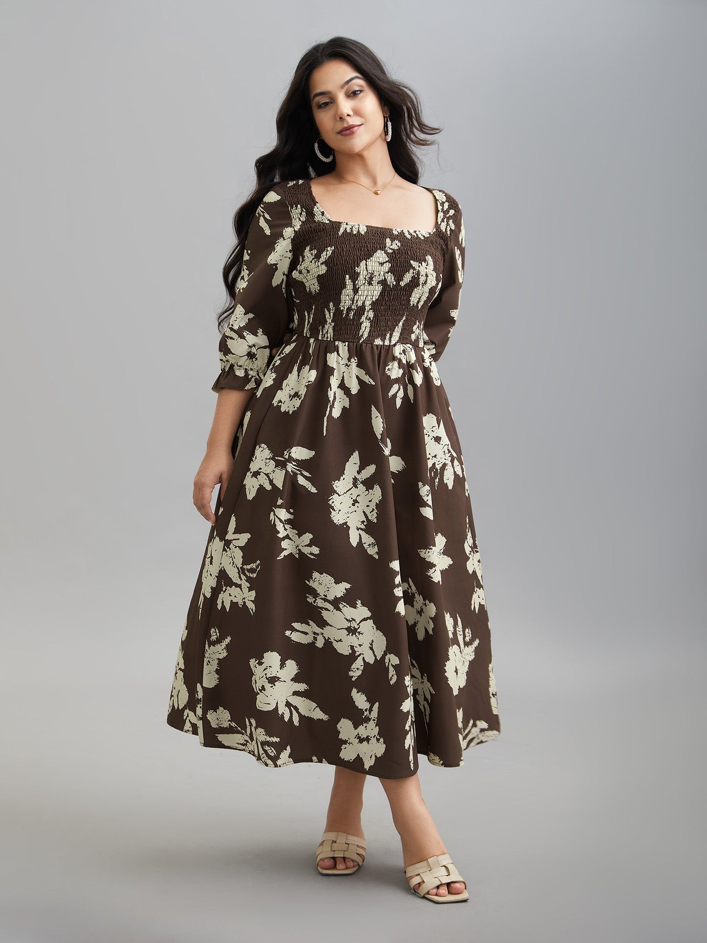 Leaf Print Square Neck Ruffled Shirred Midi Dress