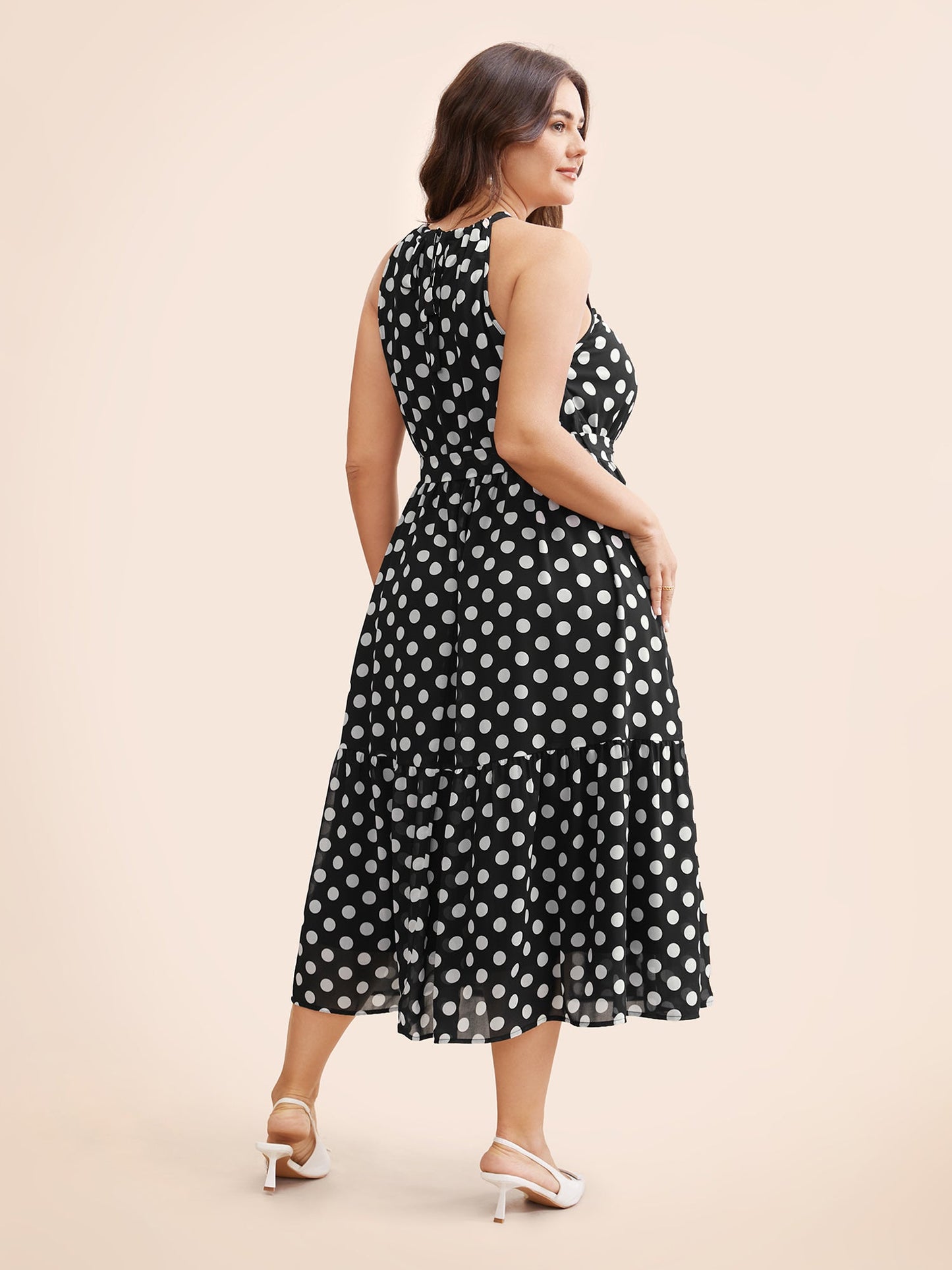 Halter Polka Dot Ruffle Hem Belted Dress