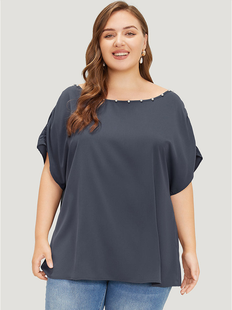 Solid Pearl Beaded Ruched Sleeve Blouse