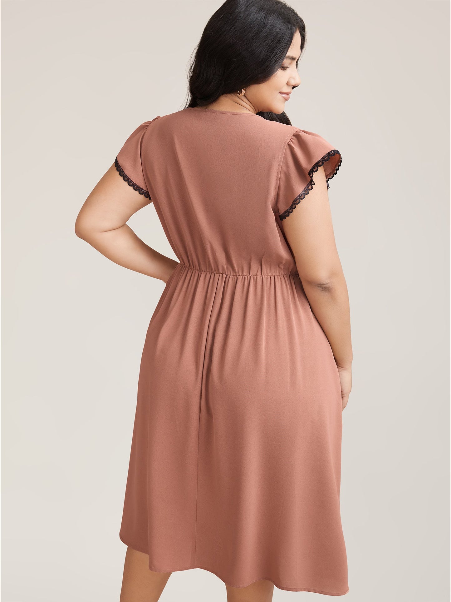 Contrast Lace Flutter Sleeve Breezy Midi Dress