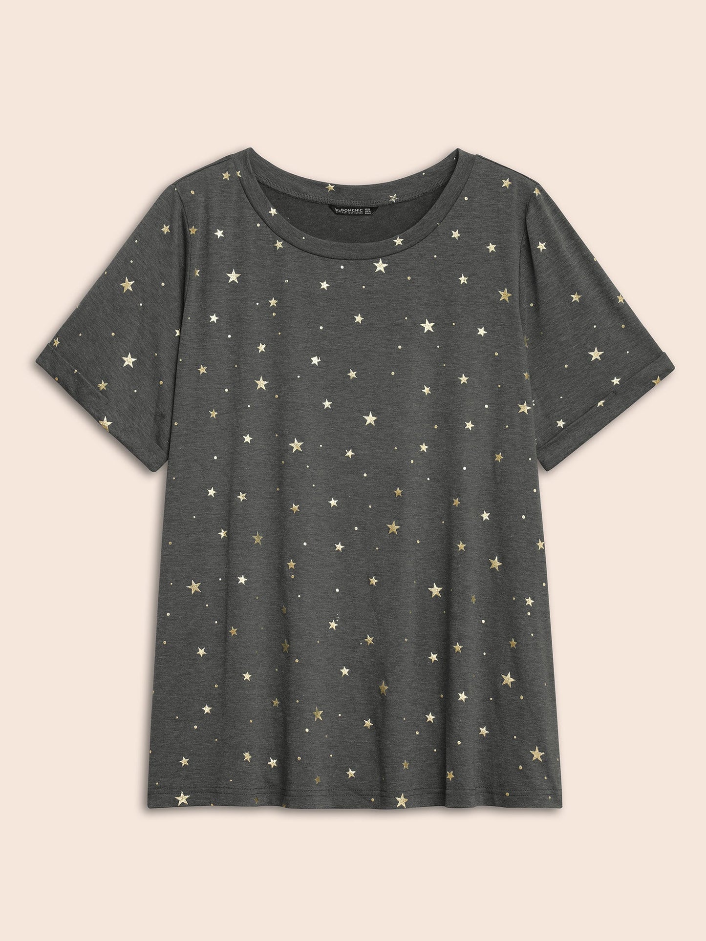 Star Glitter Cuffed Sleeve Crew Neck T-shirt