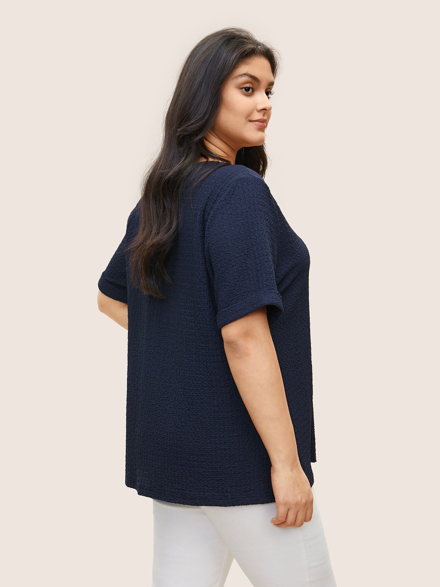 Plain Textured Crew Neck Cuffed Sleeve T-shirt
