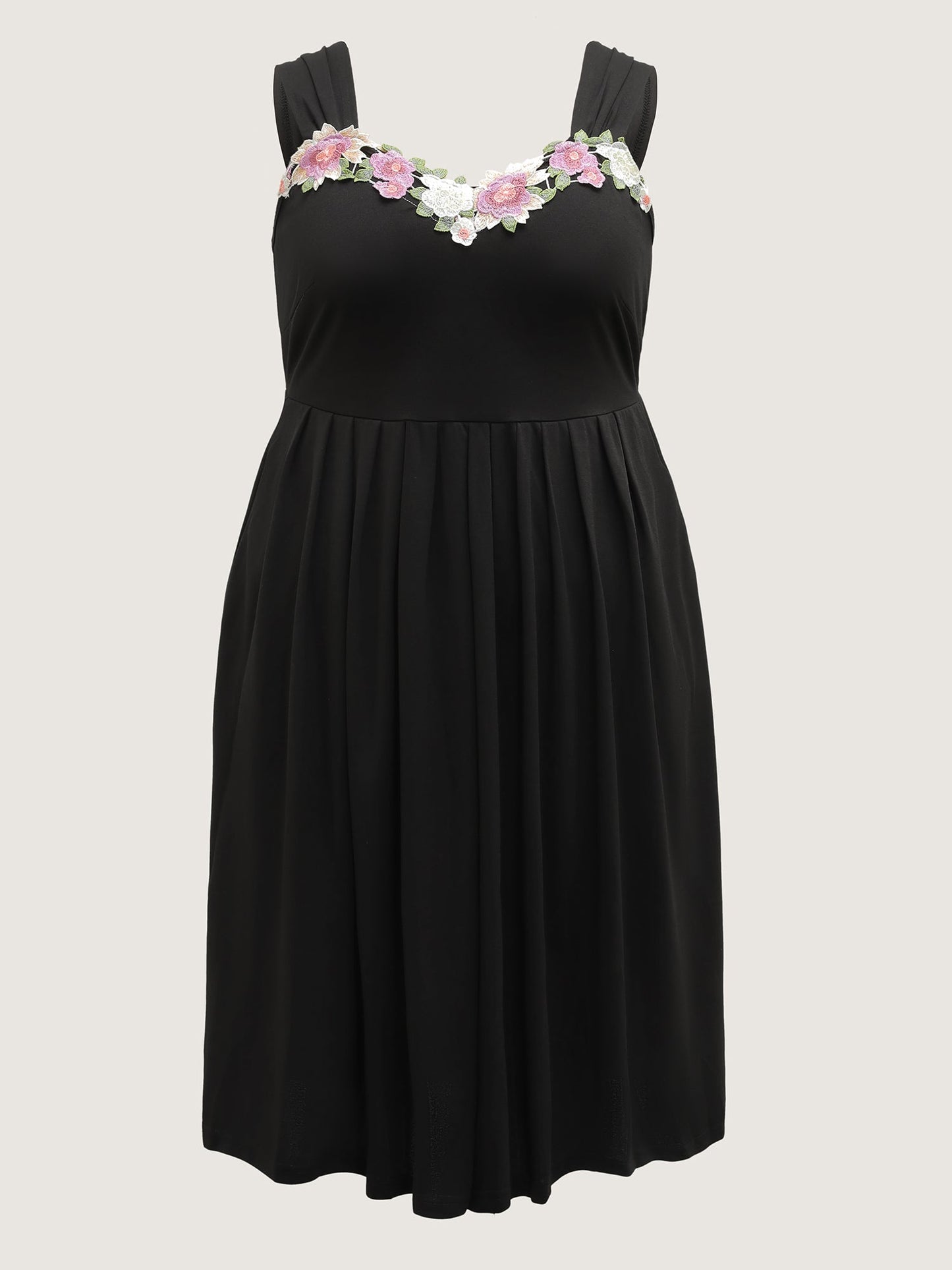 Floral Embroidered Neckline Lace Trim Midi Dress