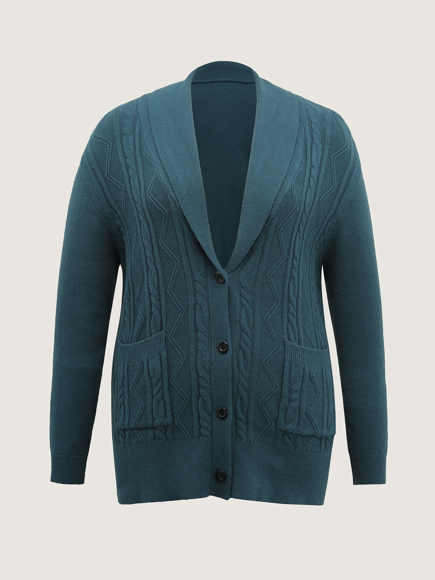 Cable Knit Pockets Shawl Collar Knit Cardigan