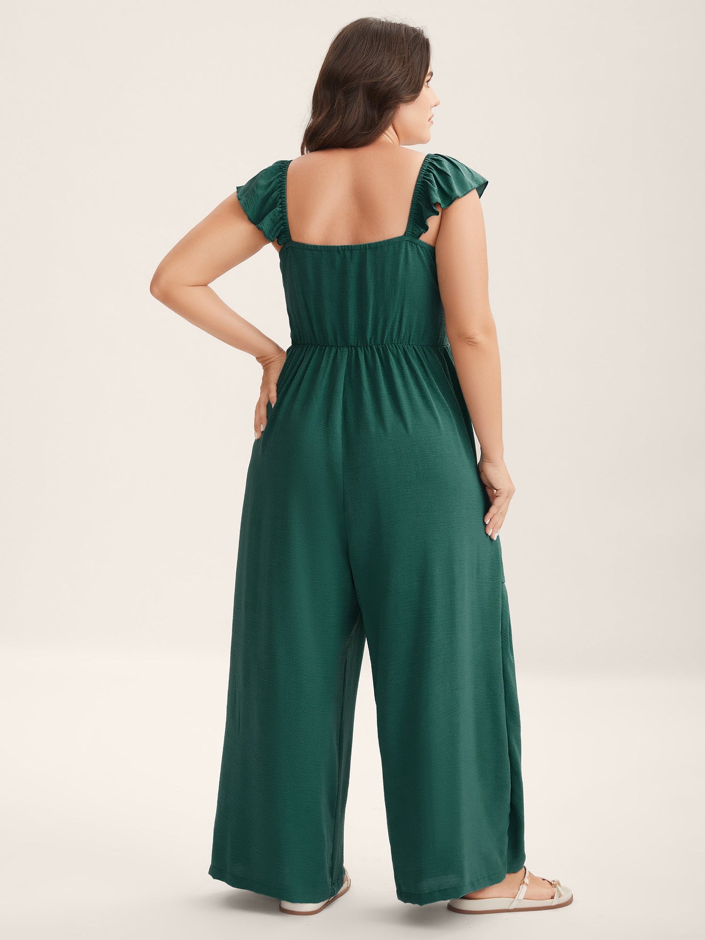 Shirred Ruffles Pockets Plain Jumpsuit