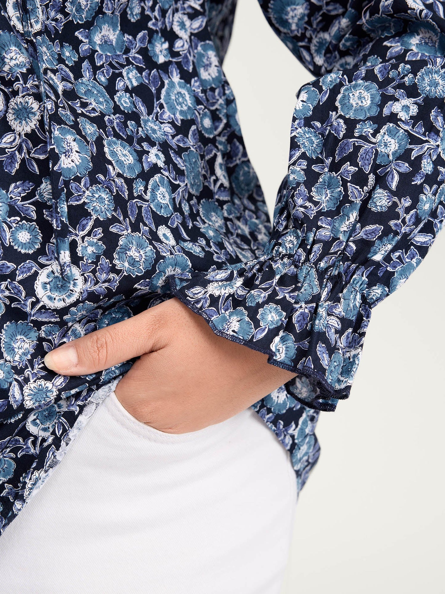 Cotton Floral Print Toothpick Pleats Blouse